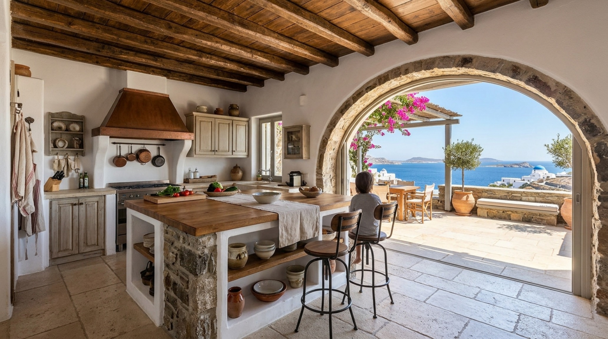 A sun-drenched Mediterranean kitchen island with 36-inch walkways and reclaimed wood beams, perfect for Greek island relocation.