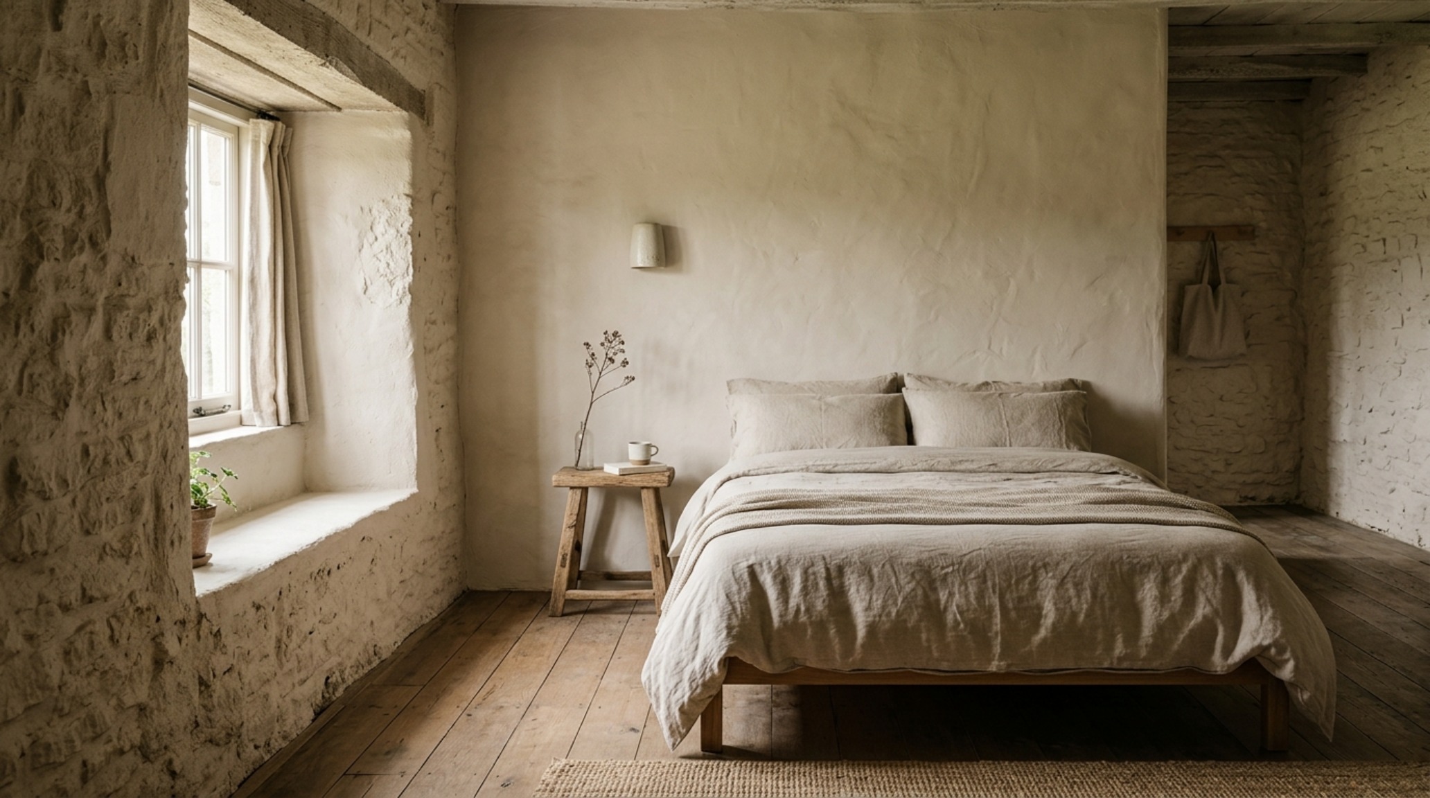 Minimalist Aegean aesthetic bedroom with deep-set stone window reveals and warm limewash textures.