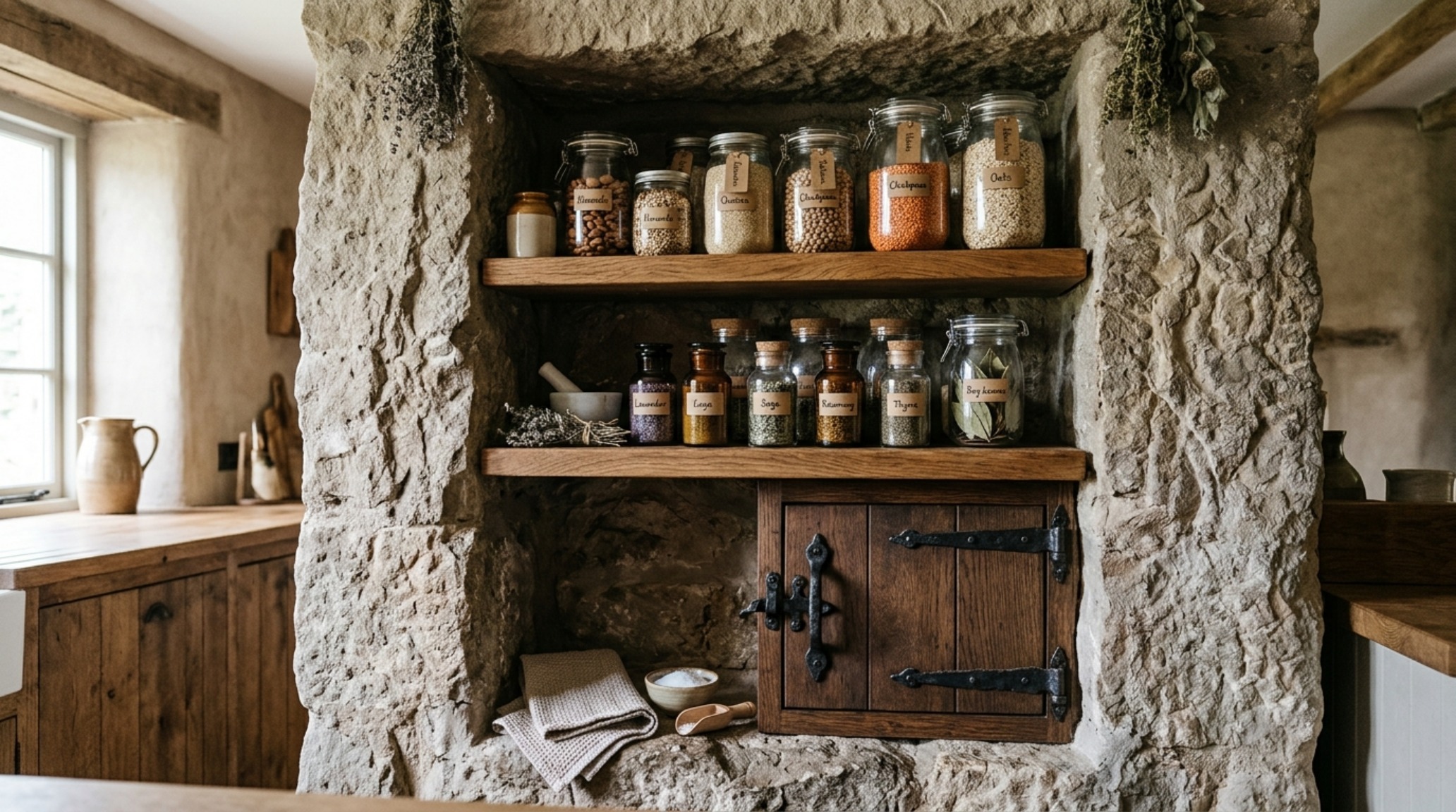 Rustic kitchen organization using recessed wall niches and hand-carved stone shelves in a Mediterranean cottage.