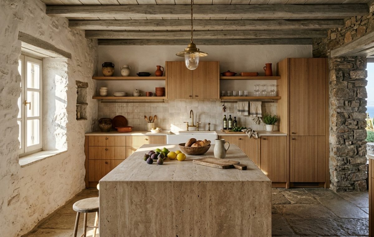 A wide-angle editorial shot of a modern Aegean kitchen island ideas implementation featuring a monolithic honed travertine island and chalky limewash walls.