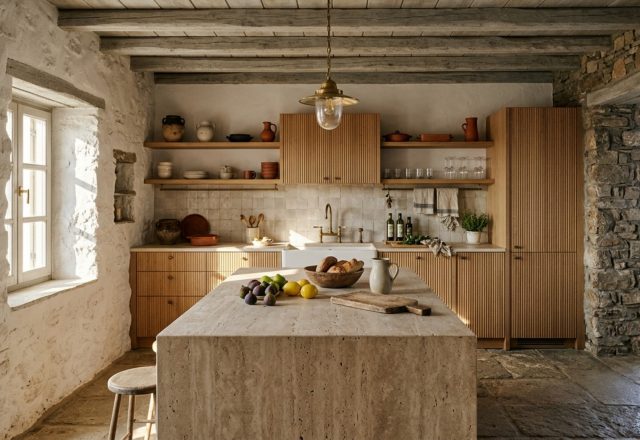 A wide-angle editorial shot of a modern Aegean kitchen island ideas implementation featuring a monolithic honed travertine island and chalky limewash walls.