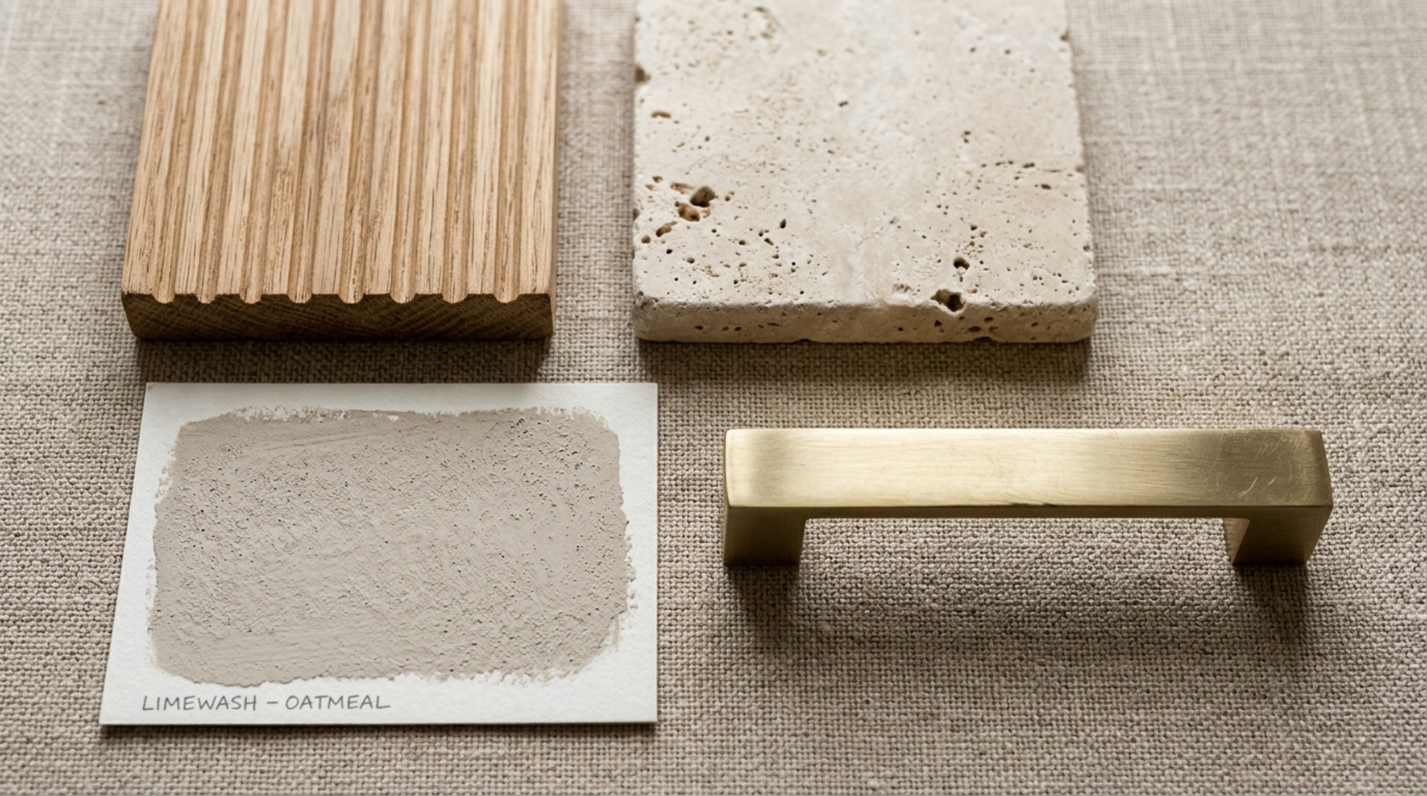 Tactile material study of fluted white oak, travertine stone, and limewash textures under the direct natural sunlight of a Greek island afternoon.
