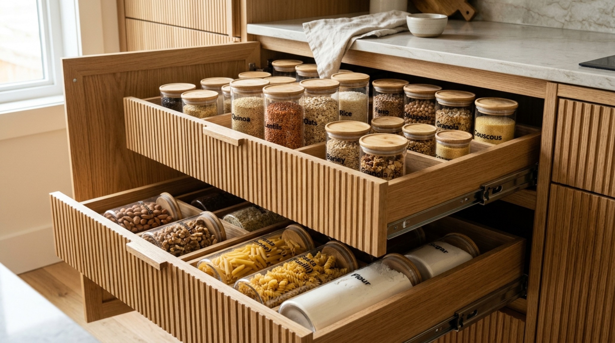 Detail view of remote living organization in a Greek stone house kitchen showing deep fluted white oak drawers with custom internal dividers for bulk storage.