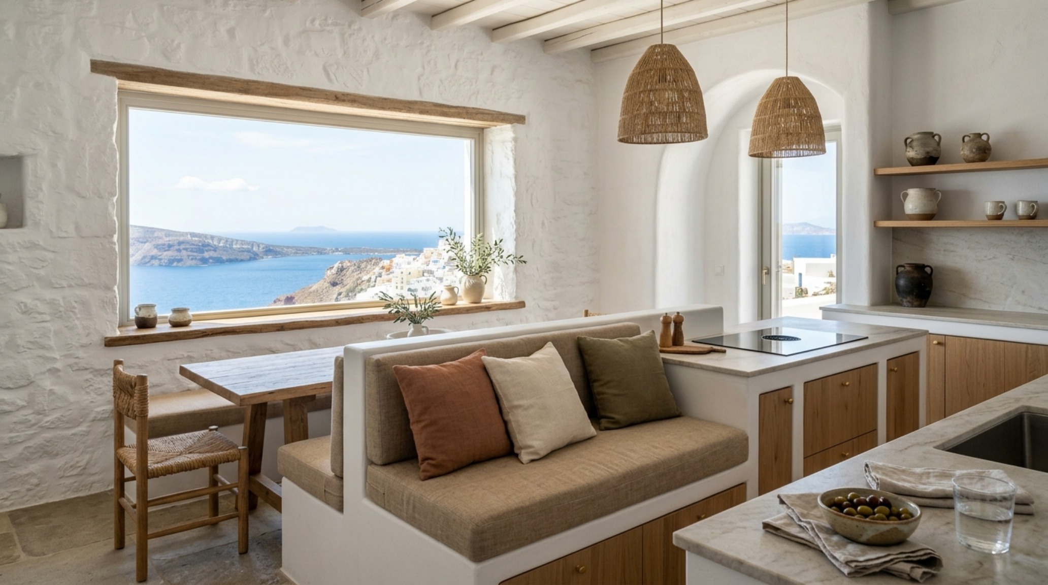 A sophisticated kitchen-to-dining transition featuring an integrated island banquette and ergonomic seating, reflecting modern antikythera island pay to live there decor ideas.