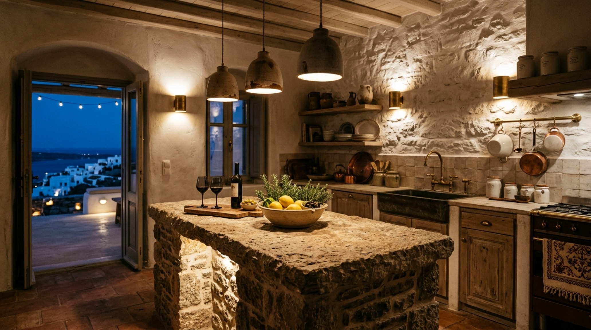Atmospheric lighting design in a Mediterranean kitchen with ceramic pendants casting a 2700K warm glow over a rustic stone workstation.