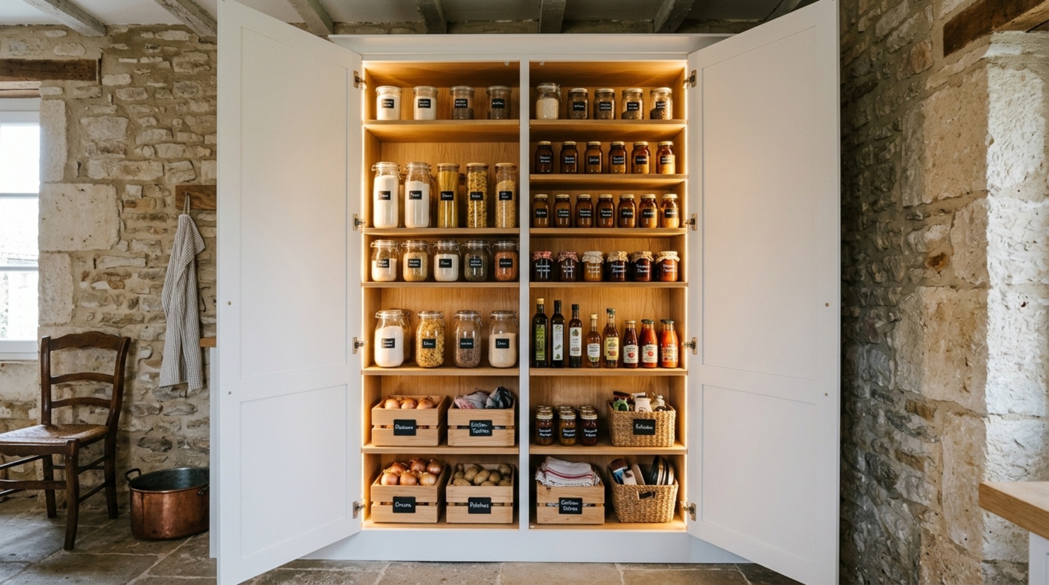 A high-utility vertical pantry system integrated into a traditional Greek stone cottage interior, showcasing pull-out shelving and minimalist hardware.