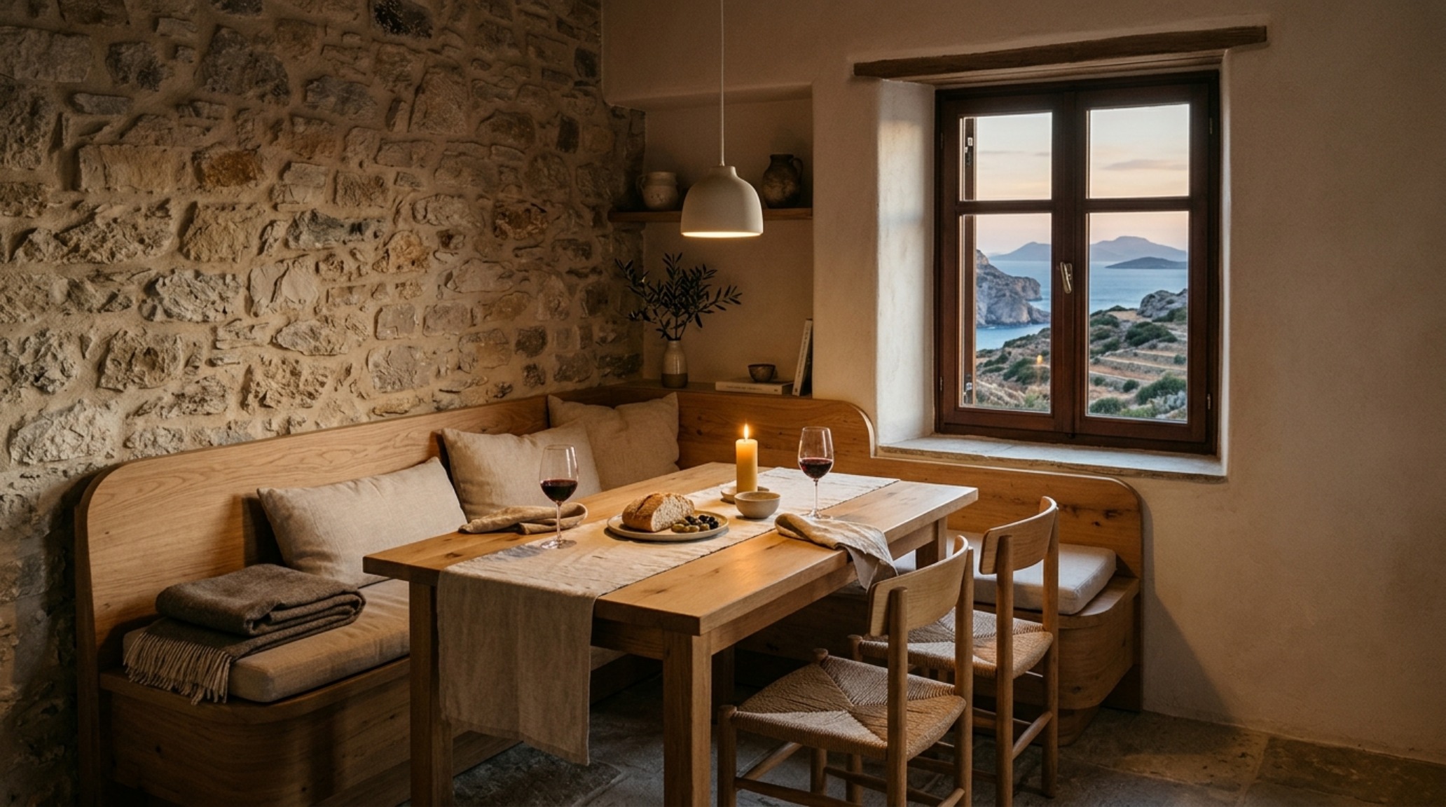 A sun-drenched breakfast nook in a remote island house featuring a custom built-in bench and a minimalist wooden table with 18-inch reach clearance.