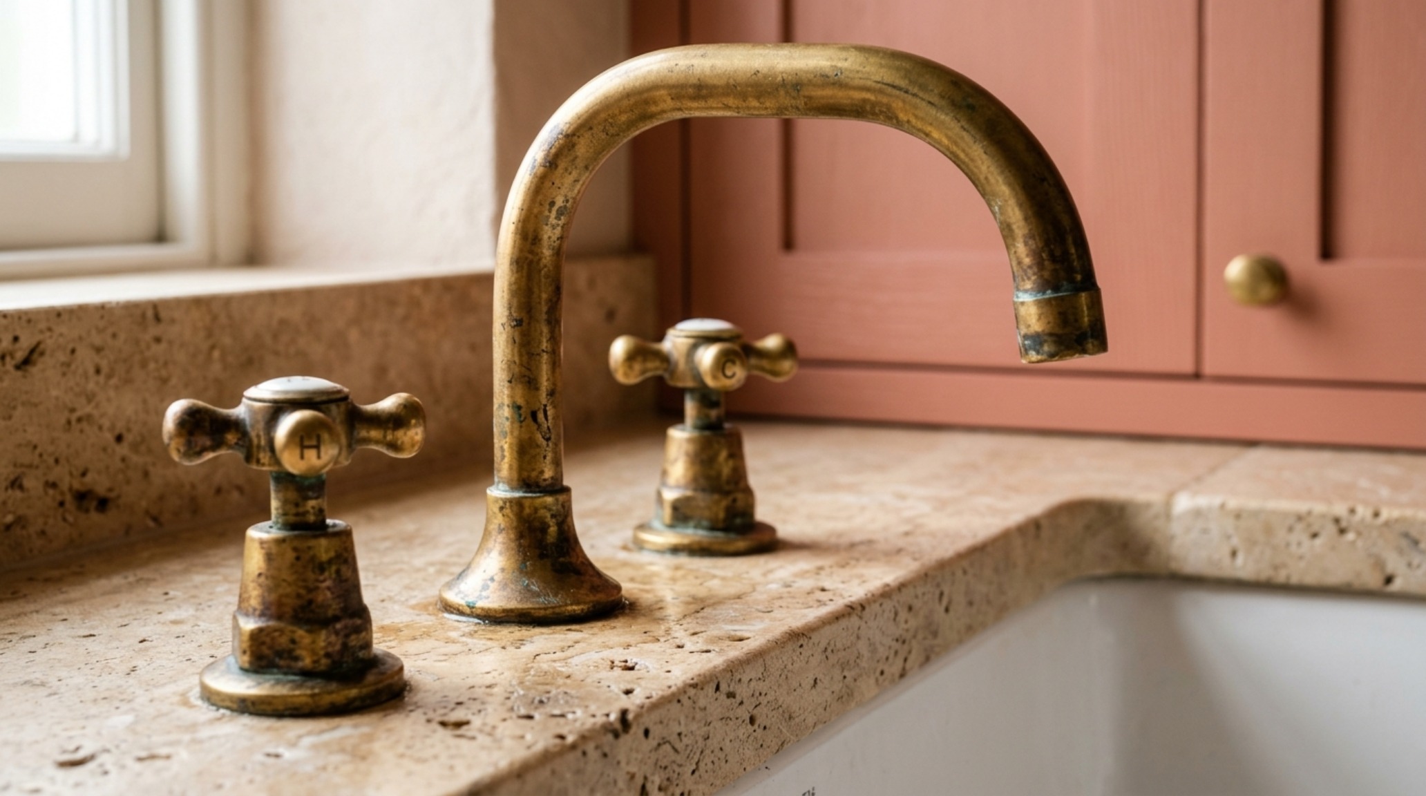 Close-up of unlacquered brass hardware against a Farrow and Ball Setting Plaster painted island base, highlighting tactile grounding in Mediterranean design.