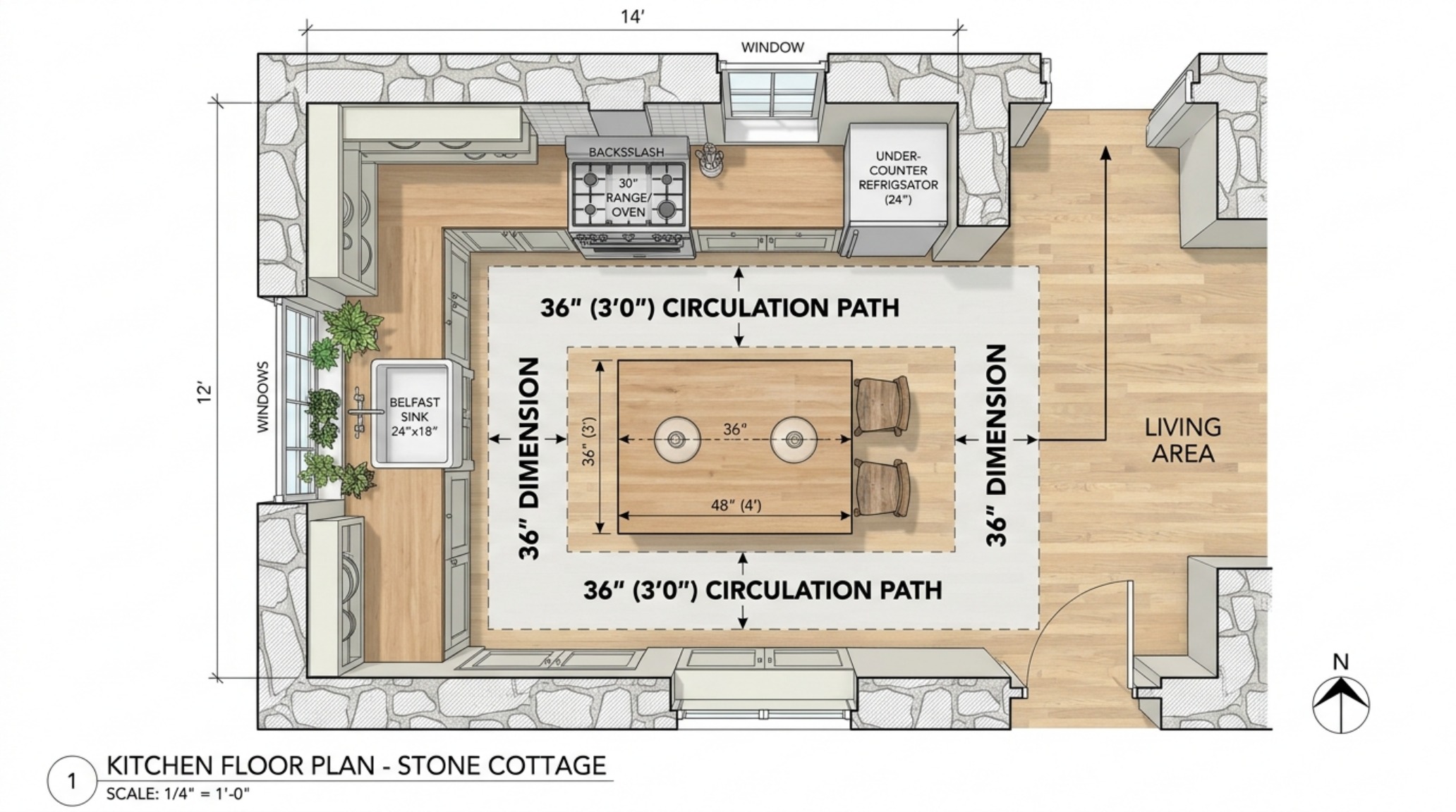 Interior view of a small island kitchen layout with 36-inch walkways and high-efficiency appliance integration for off-grid luxury.