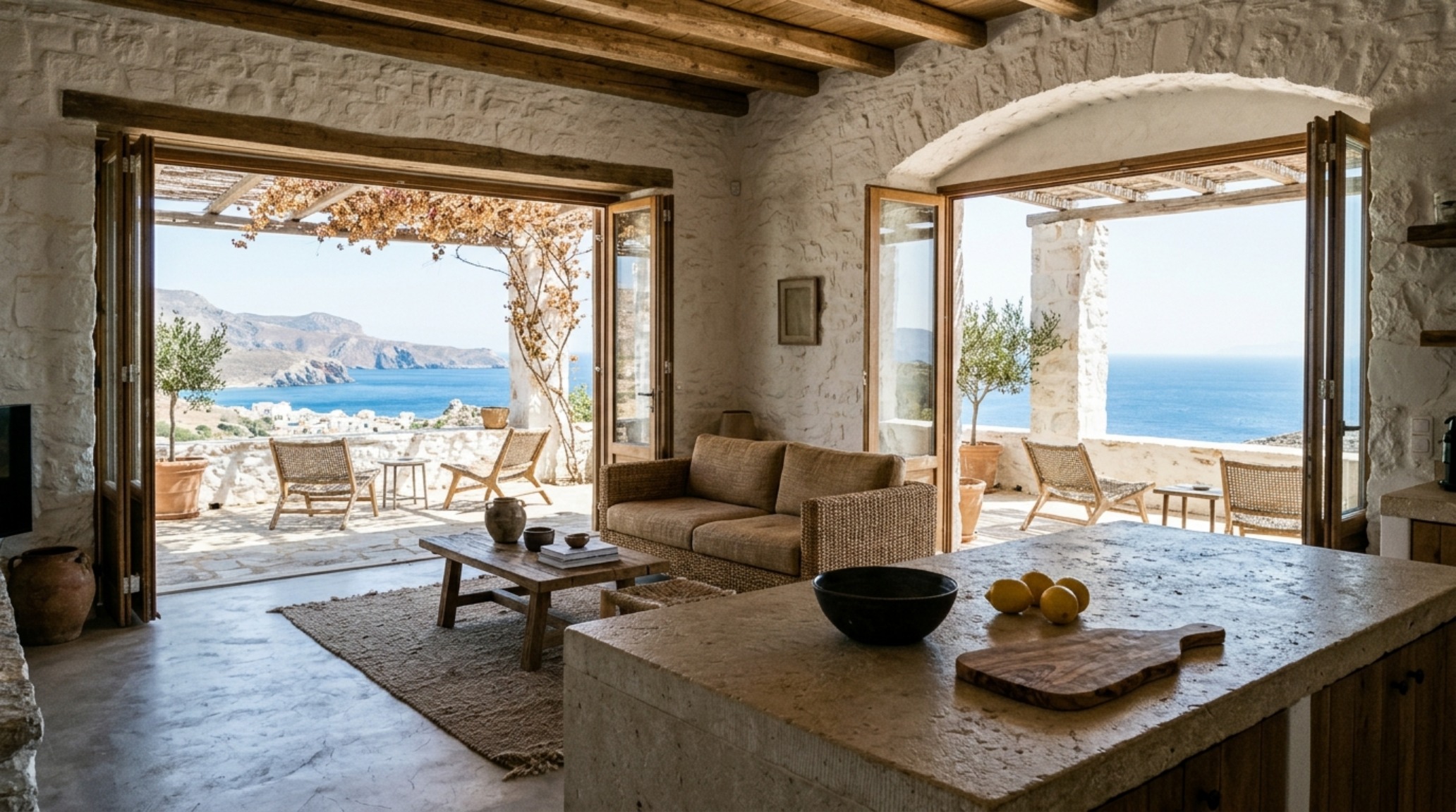 A panoramic view of an Antikythera relocation home makeover living area, showing the seamless flow between the kitchen island and the outdoor terrace.