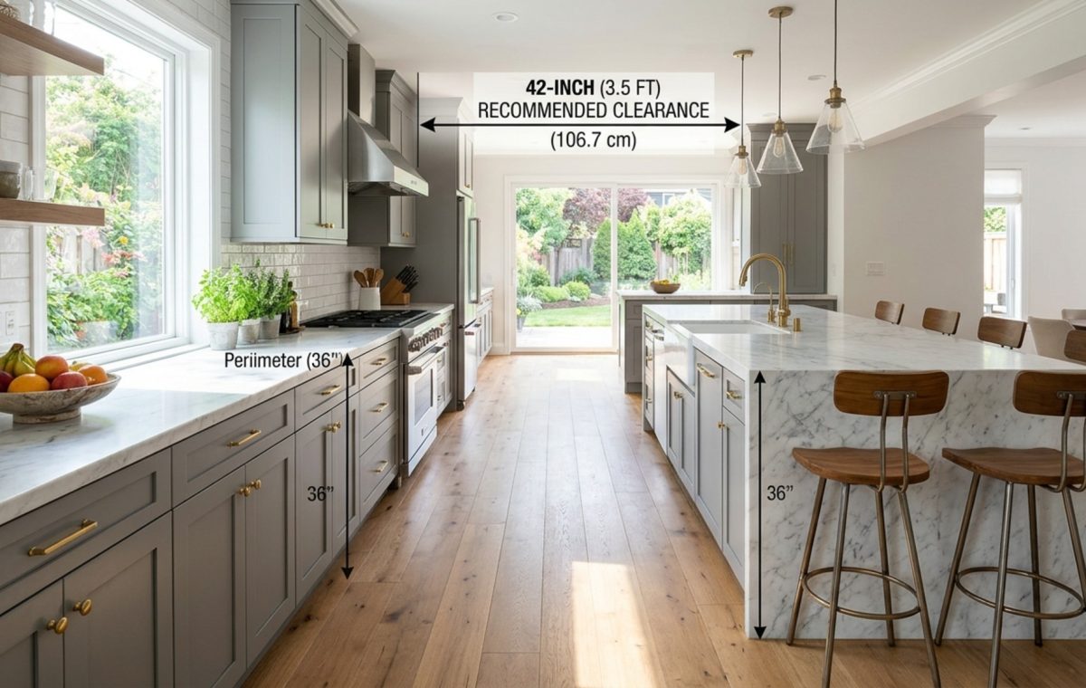 kitchen island clearance rules demonstrated in a modern open-concept kitchen with 42-inch walkways and honed limestone floors.