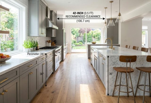 kitchen island clearance rules demonstrated in a modern open-concept kitchen with 42-inch walkways and honed limestone floors.