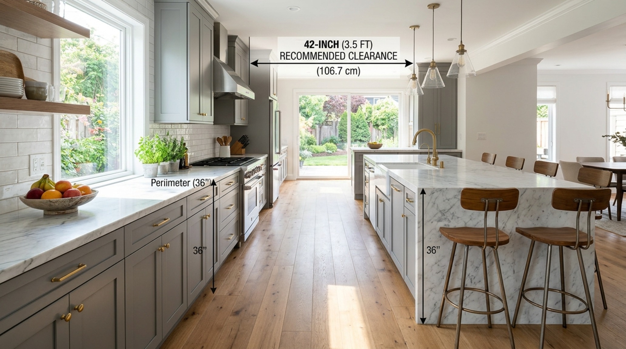 kitchen island clearance rules demonstrated in a modern open-concept kitchen with 42-inch walkways and honed limestone floors. kitchen island clearance rules demonstrated in a modern open-concept kitchen with 42-inch walkways and honed limestone floors.