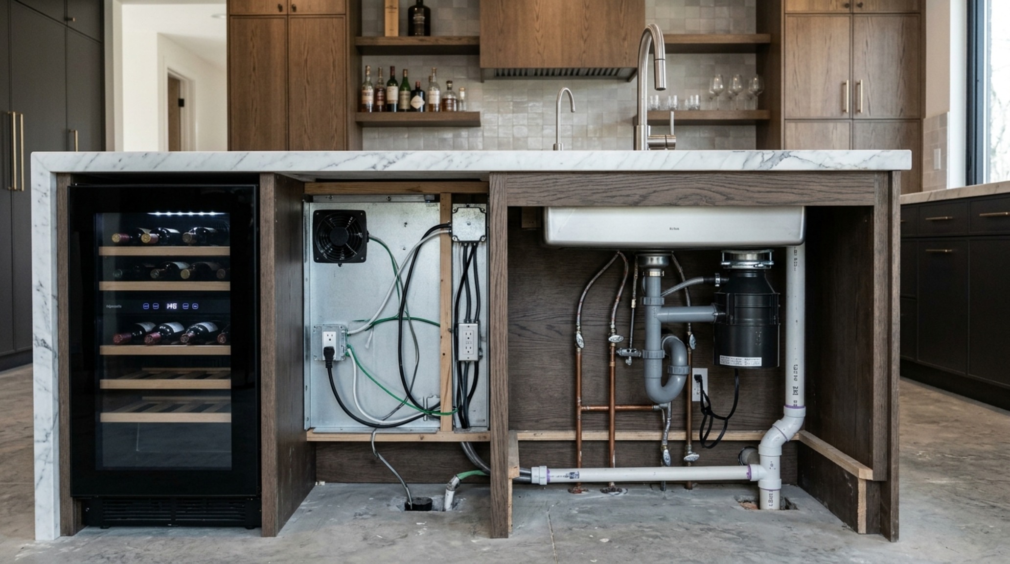 kitchen island plumbing and electrical plan featuring a central dishwasher and integrated LED task lighting beneath the counter edge. kitchen island plumbing and electrical plan featuring a central dishwasher and integrated LED task lighting beneath the counter edge.
