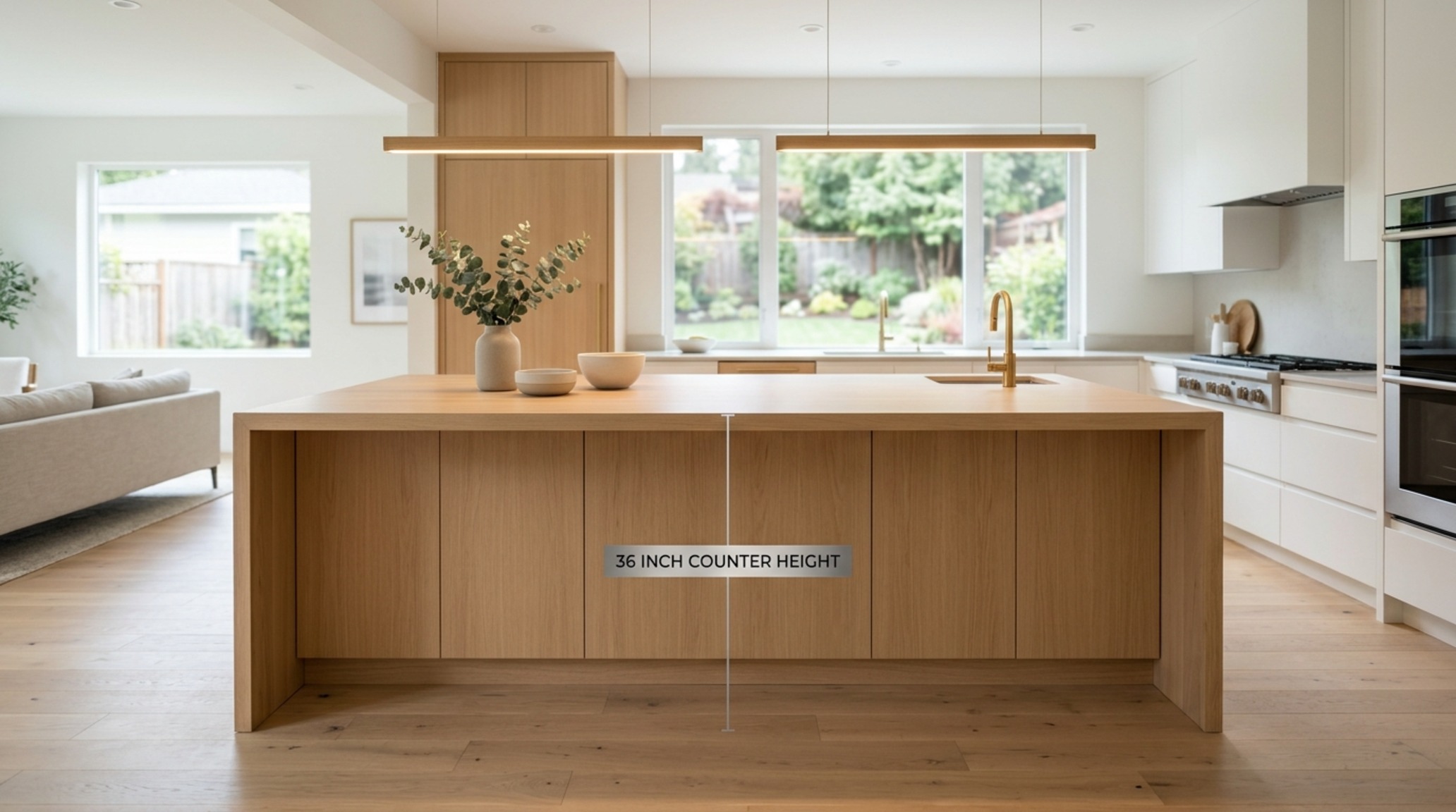average kitchen island height specified at 36 inches for a monolithic white oak island with integrated induction cooktop. average kitchen island height specified at 36 inches for a monolithic white oak island with integrated induction cooktop.