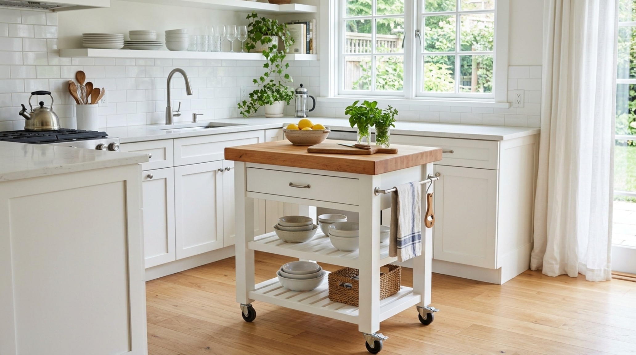 small kitchen island ideas showcasing a mobile butcher-block island with brass casters in a compact urban apartment. small kitchen island ideas showcasing a mobile butcher-block island with brass casters in a compact urban apartment.