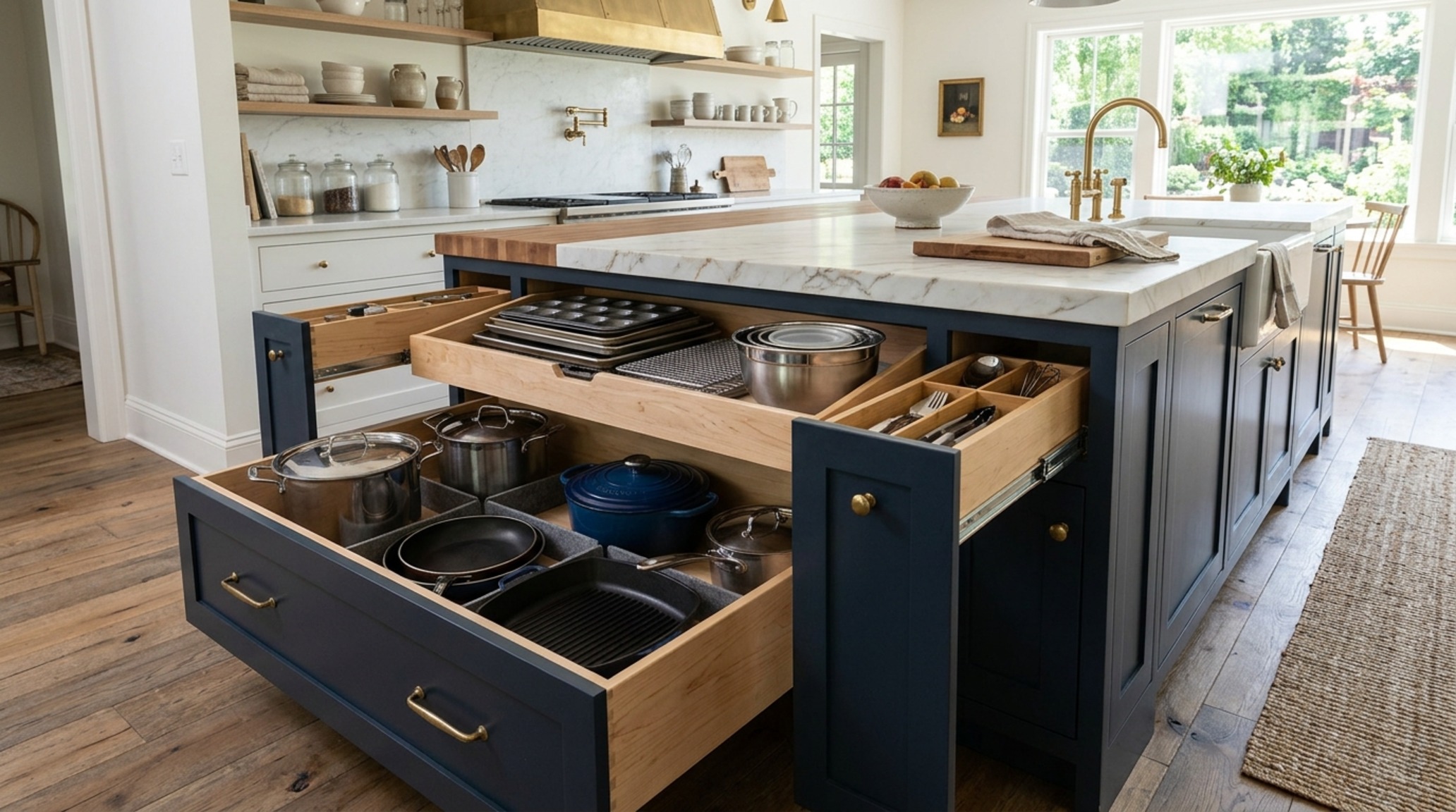 island storage solutions utilizing deep walnut drawers and customized spice organizers within a large central island. island storage solutions utilizing deep walnut drawers and customized spice organizers within a large central island.