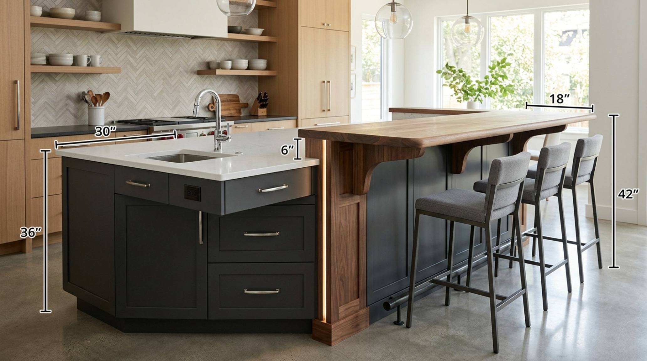 average kitchen island height transitioning to a 42-inch raised breakfast bar in a contemporary family home. average kitchen island height transitioning to a 42-inch raised breakfast bar in a contemporary family home.