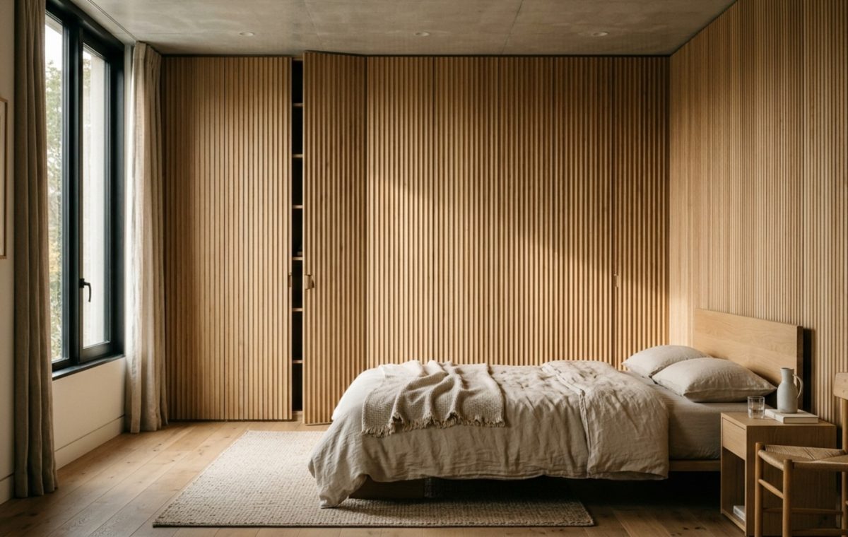 hidden storage furniture integrated into a floor-to-ceiling fluted white oak millwork wall with seamless push-to-open doors and minimalist shadow gaps.