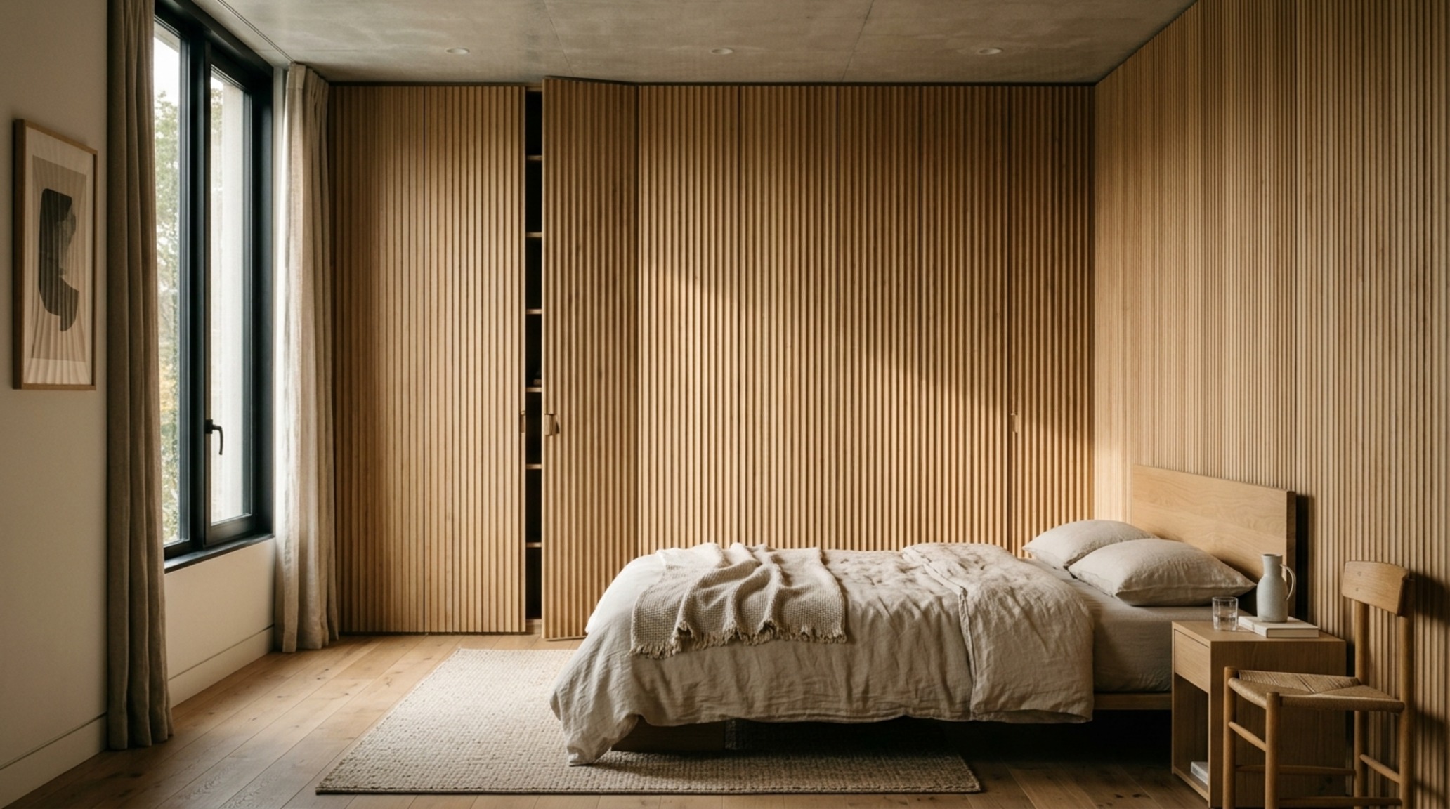 hidden storage furniture integrated into a floor-to-ceiling fluted white oak millwork wall with seamless push-to-open doors and minimalist shadow gaps. hidden storage furniture integrated into a floor-to-ceiling fluted white oak millwork wall with seamless push-to-open doors and minimalist shadow gaps.