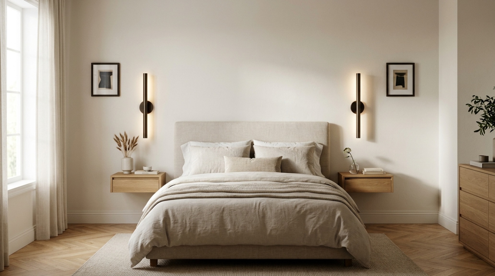 compact bedroom layout featuring a symmetrical bed placement with wall-mounted brass sconces and a custom upholstered headboard in a soft taupe velvet. compact bedroom layout featuring a symmetrical bed placement with wall-mounted brass sconces and a custom upholstered headboard in a soft taupe velvet.