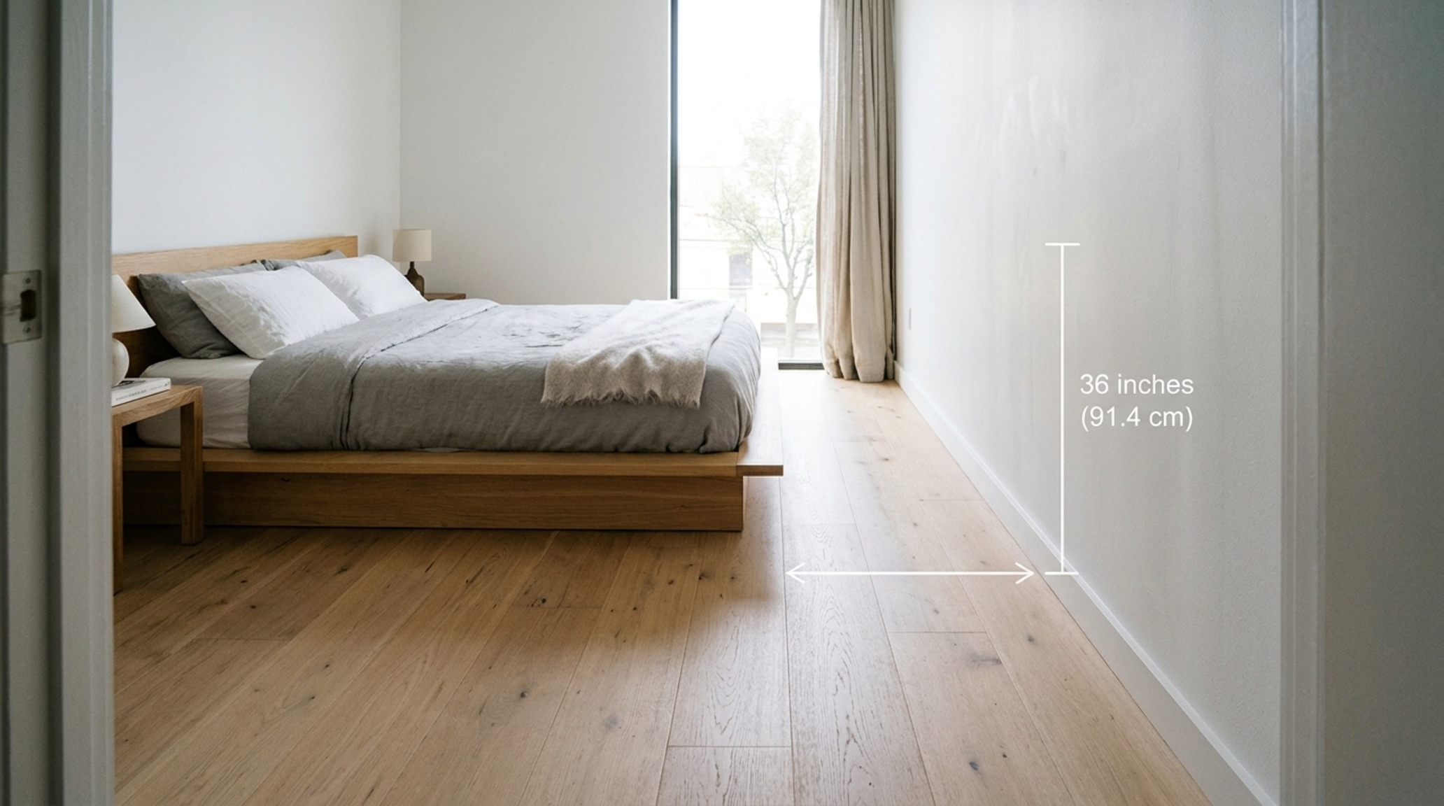 small room clearance measurements applied to a narrow walkway between a low-profile platform bed and a floating travertine-topped vanity. small room clearance measurements applied to a narrow walkway between a low-profile platform bed and a floating travertine-topped vanity.