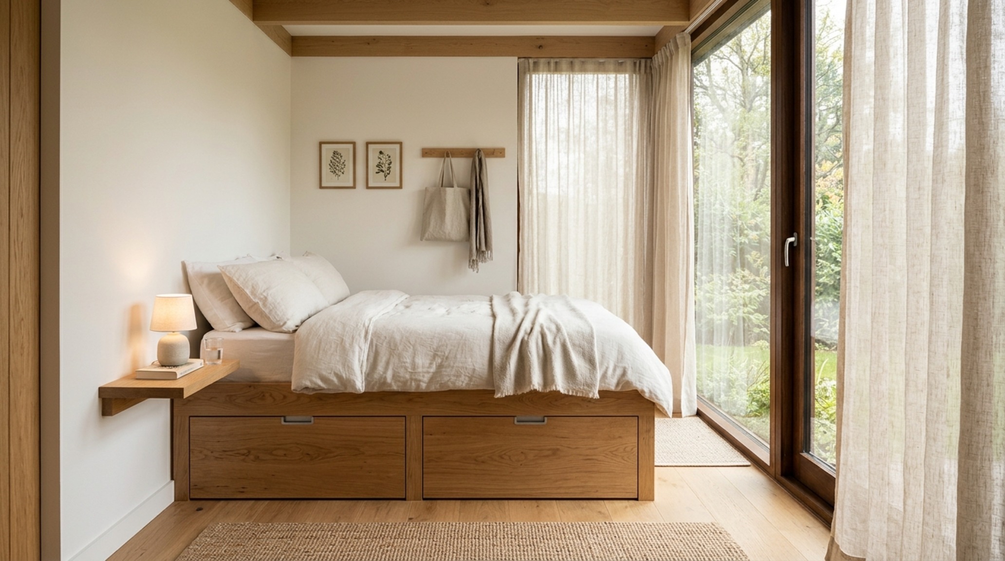 compact bedroom layout optimized with a raised sleeping platform containing deep storage drawers and integrated LED step lighting. compact bedroom layout optimized with a raised sleeping platform containing deep storage drawers and integrated LED step lighting.
