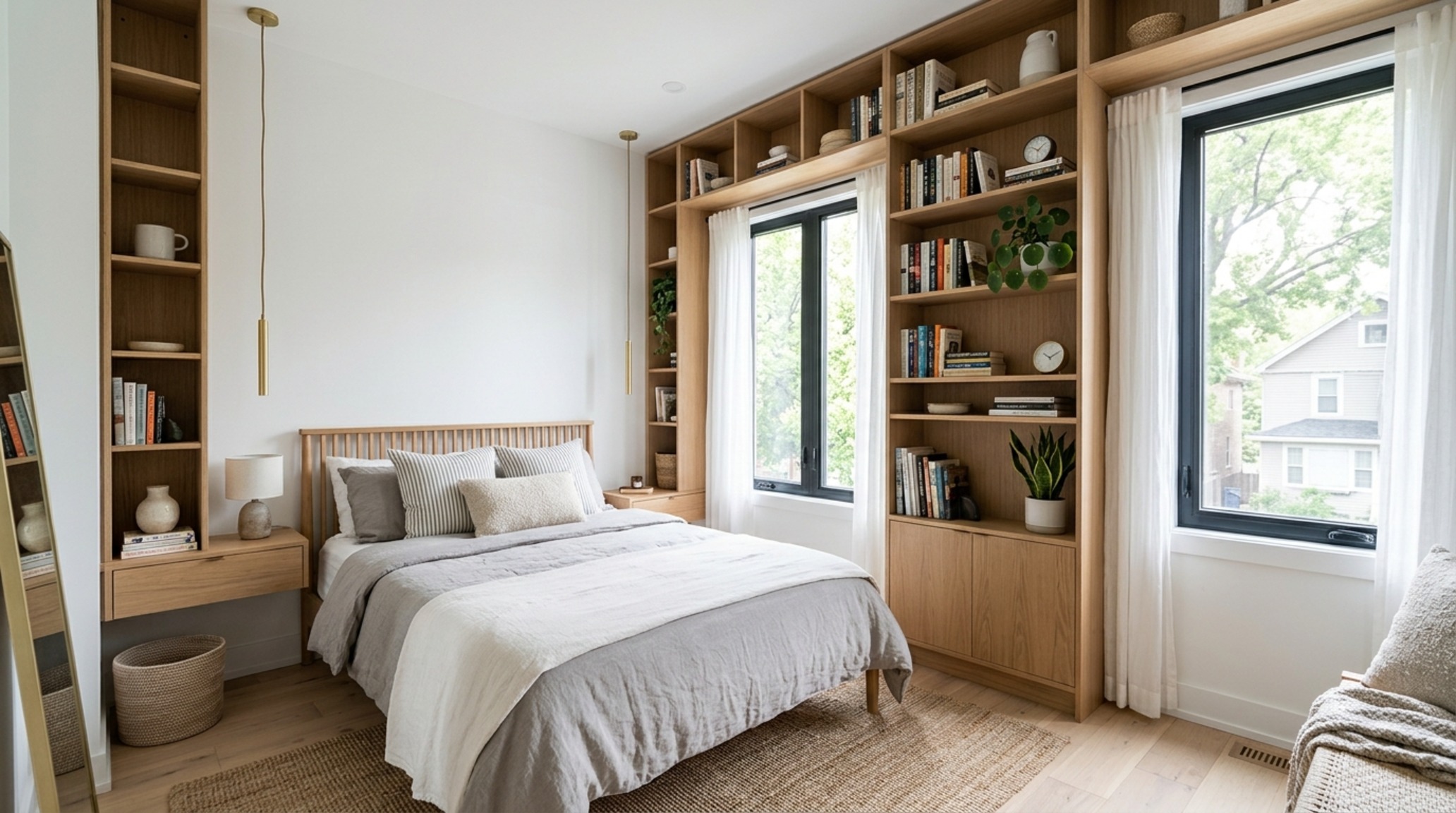 small master bedroom ideas focused on vertical volume with a custom lofted library shelf accessed by a slim blackened steel ladder. small master bedroom ideas focused on vertical volume with a custom lofted library shelf accessed by a slim blackened steel ladder.