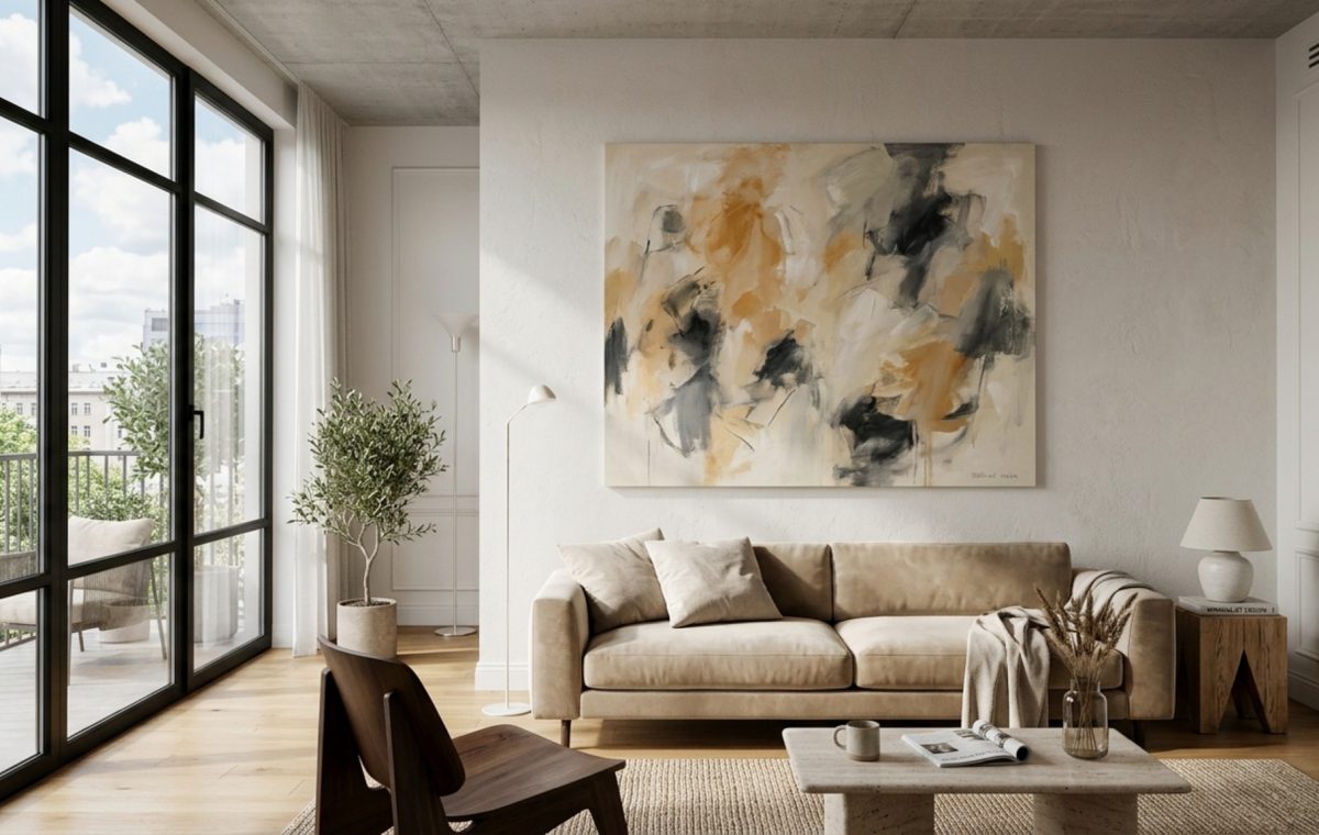 Artwork for apartment living: a large minimalist abstract canvas in earth tones hung exactly 58 inches from the floor above a low-slung linen sofa in a sun-drenched living room.