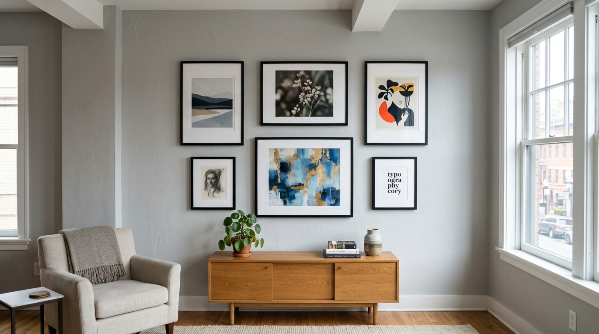 Small apartment wall art ideas: a curated gallery wall in a studio apartment using unified thin black frames to create a sense of cohesive architectural structure.