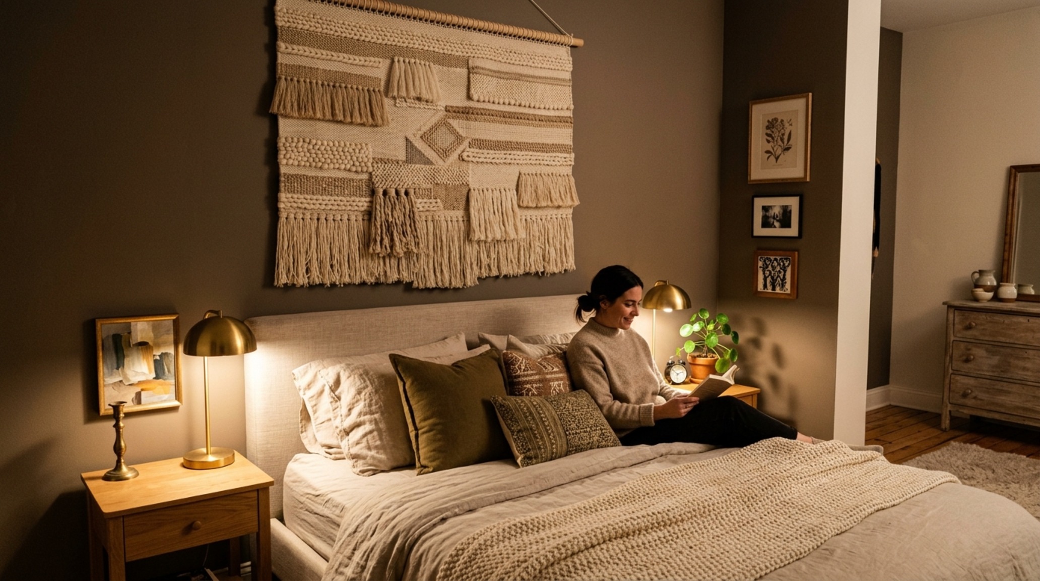 Curating art for small spaces: a minimalist bedroom setup where a single piece of textile art provides acoustic dampening and a soft visual landing above the headboard.
