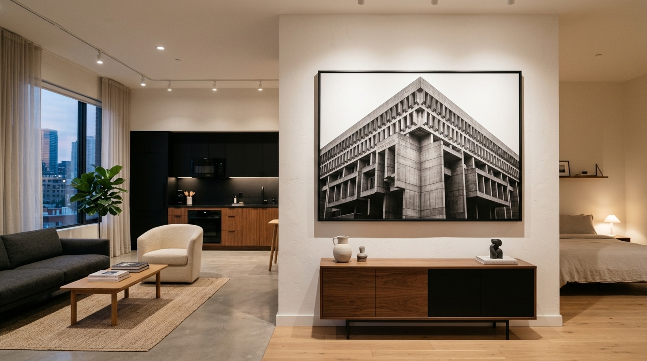 Best art size for studio apartments: a singular oversized black and white architectural photograph creating a powerful focal point in a 500-square-foot open-plan loft.