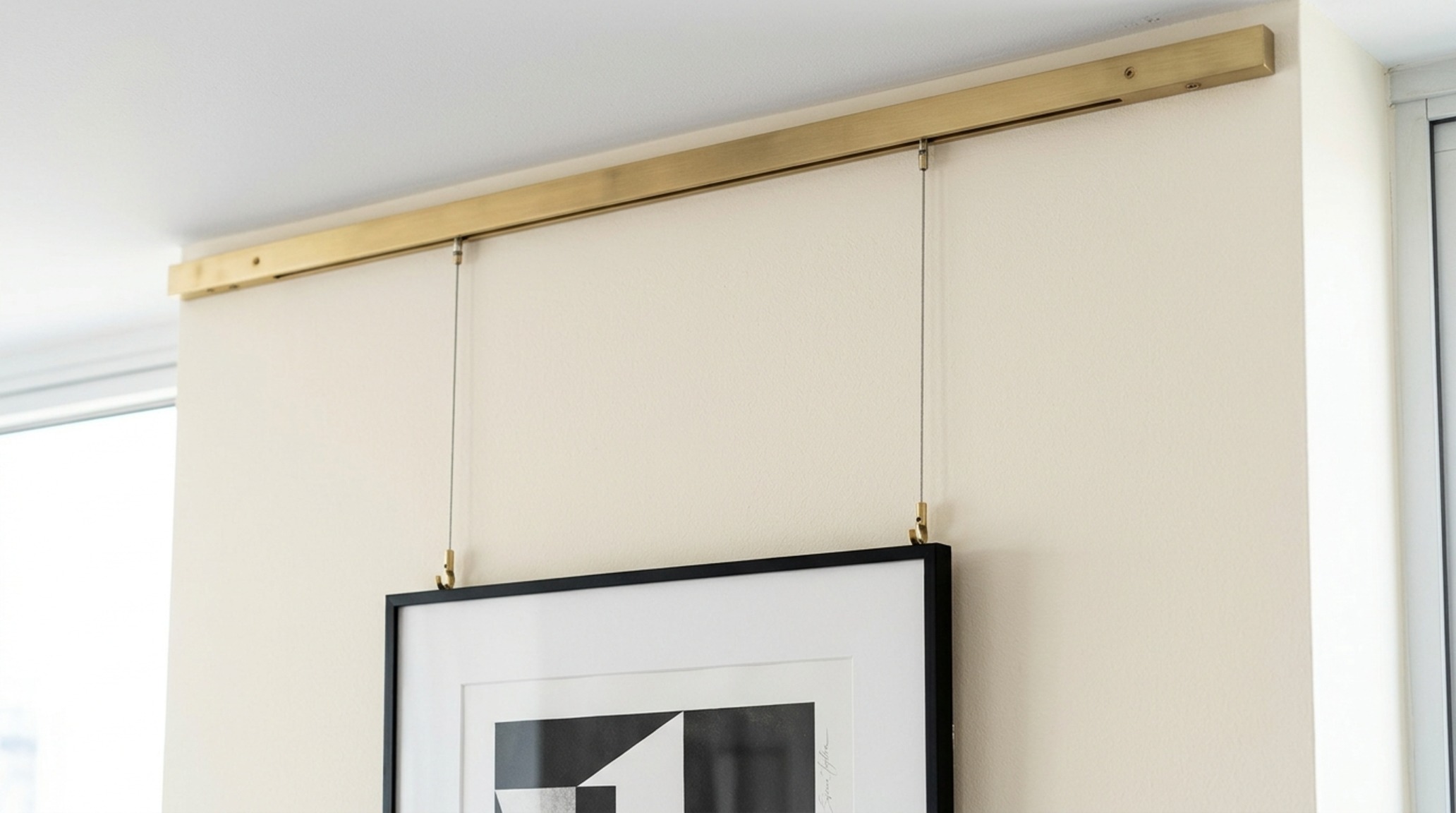 Hanging art without nails in apartments: a sleek brass gallery rail system mounted at the ceiling line with thin steel cables supporting a collection of framed sketches.