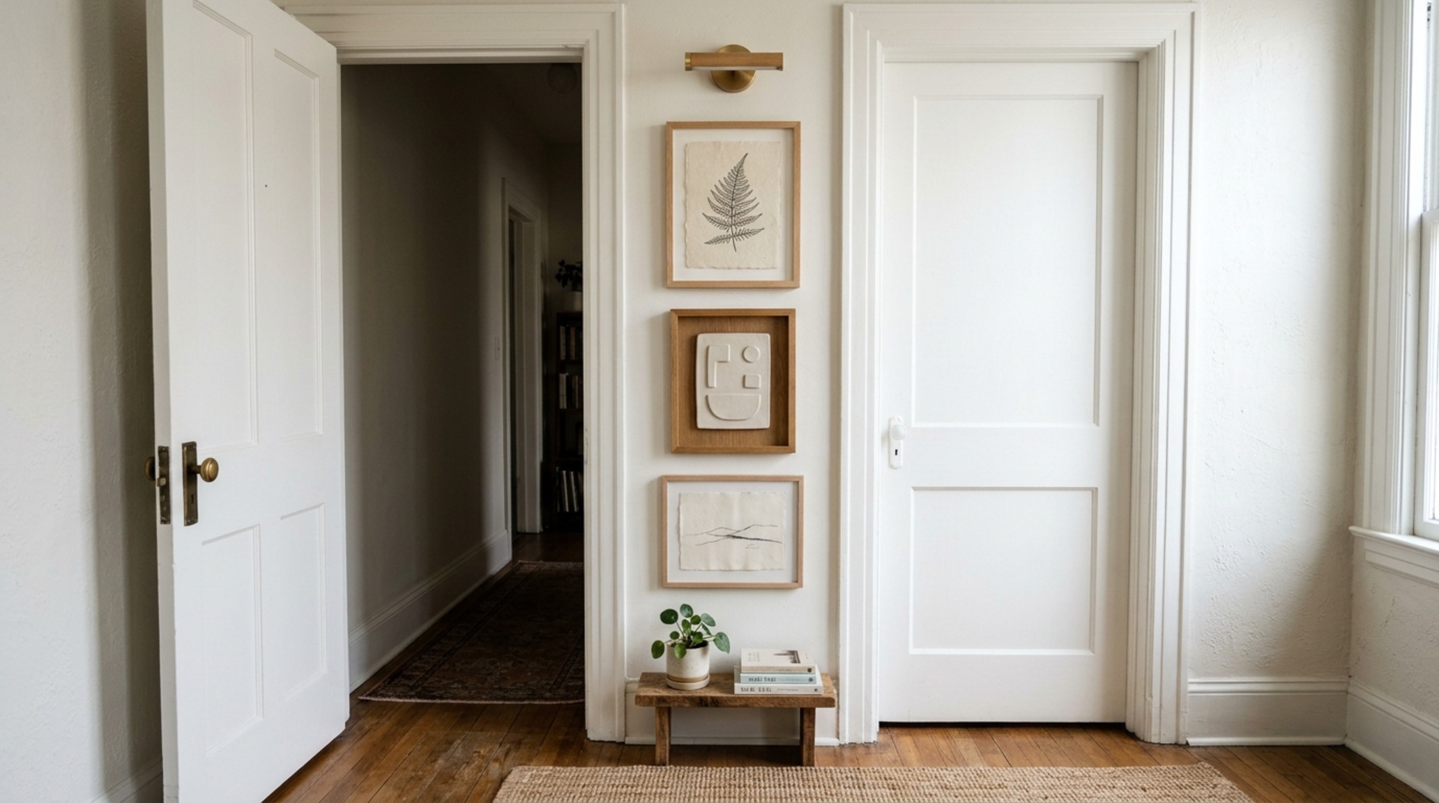 Small apartment wall art ideas: a vertical stack of three medium-sized frames that utilize the full height of a narrow wall to draw the eye upward and expand the ceiling height.
