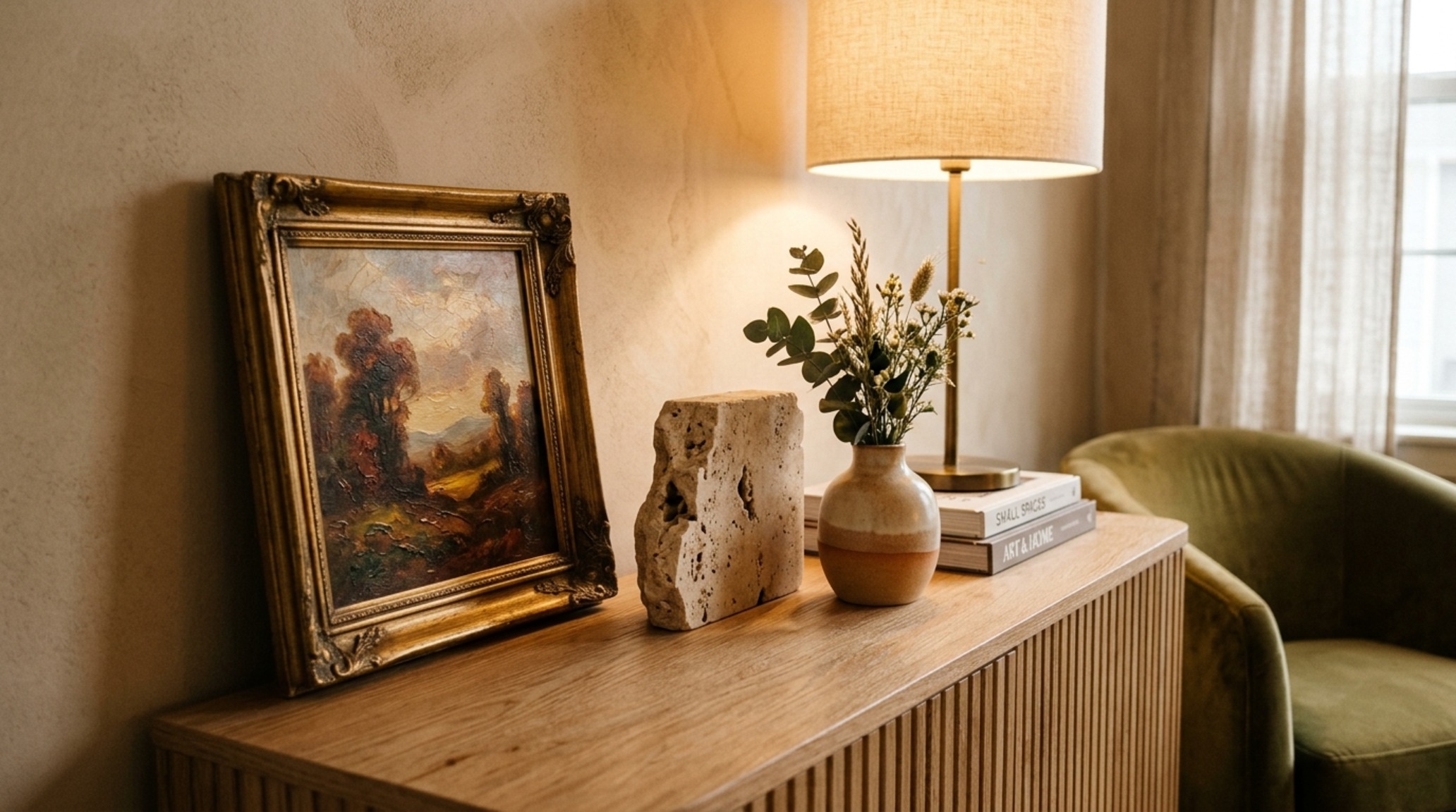 Curating art for small spaces: a sophisticated vignette featuring a small oil painting leaning on a fluted white oak credenza paired with a honed travertine lamp.