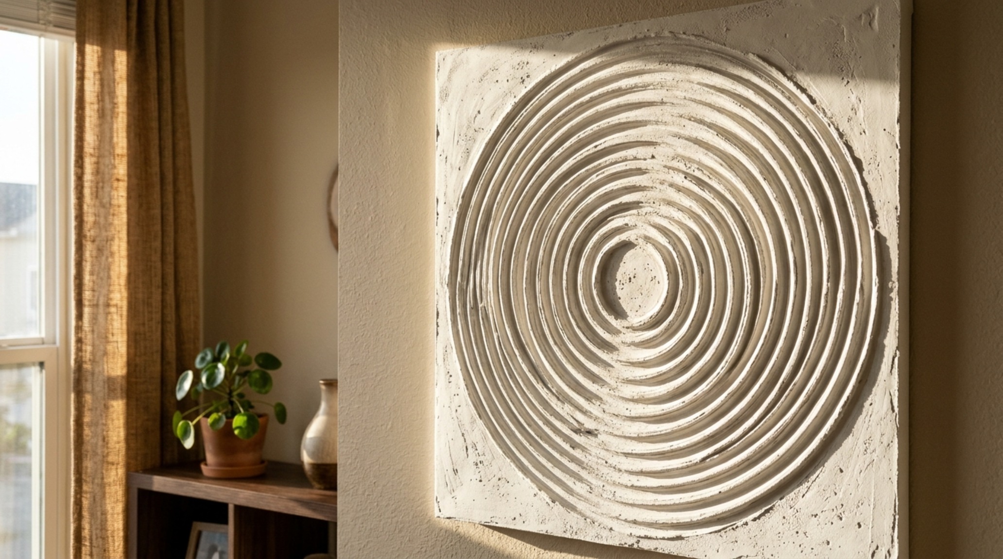 Apartment wall art trends 2024: a tactile plaster relief artwork with heavy texture catching the afternoon directional light at a 45-degree angle.
