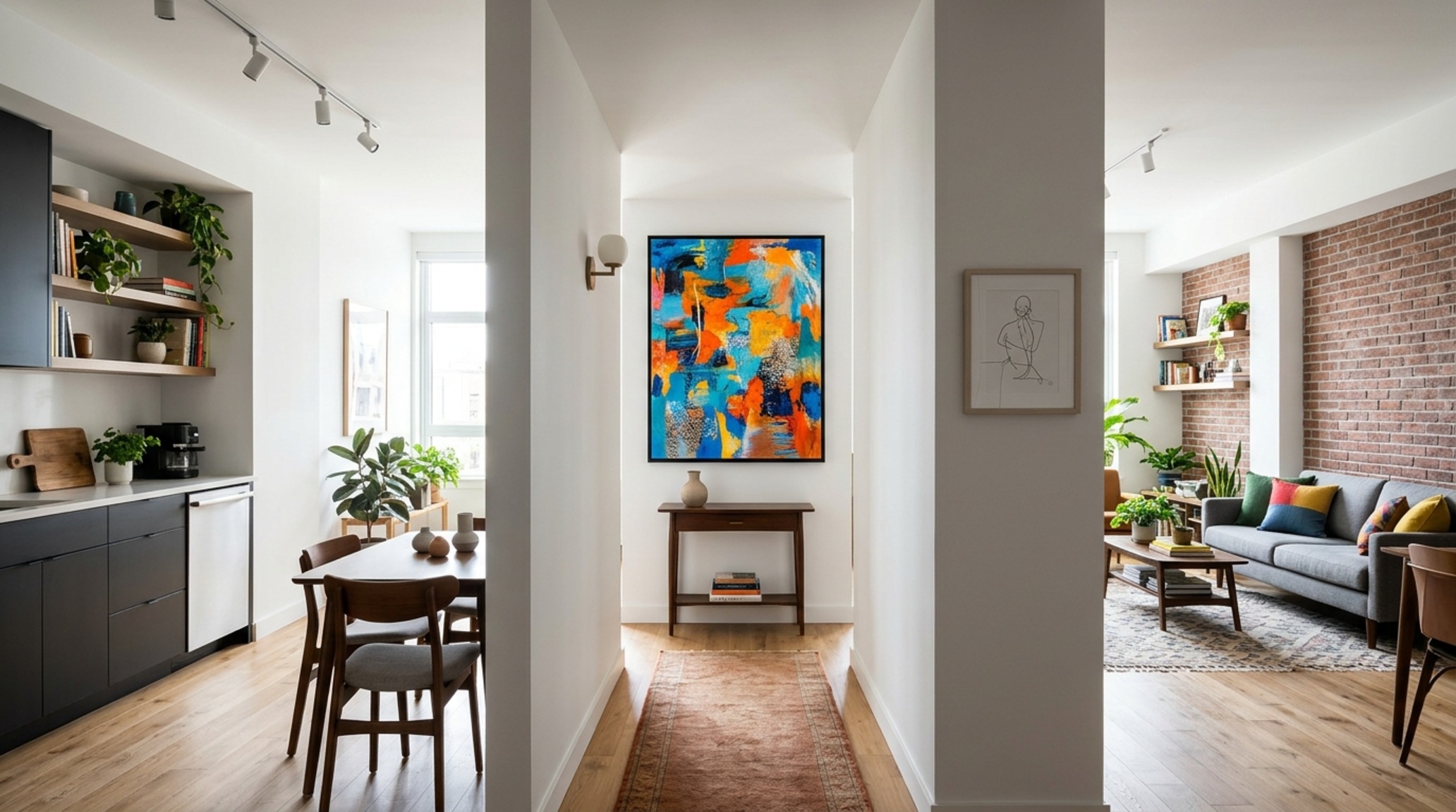 Best art size for studio apartments: a medium-scale landscape painting positioned at the end of a long visual sightline to elongate a narrow entry corridor.