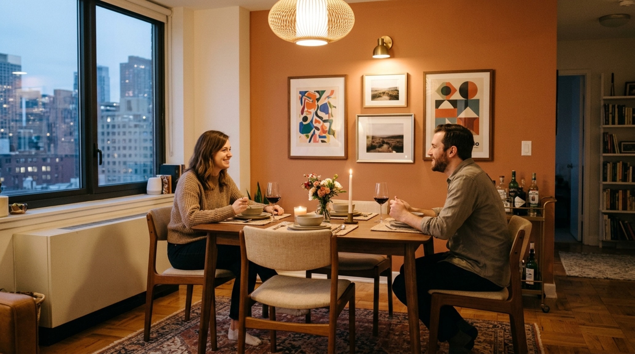 Art placement rules for apartments: demonstrating the 57-inch eye-level rule in a dining nook with the artwork centered specifically to the seated viewing height.