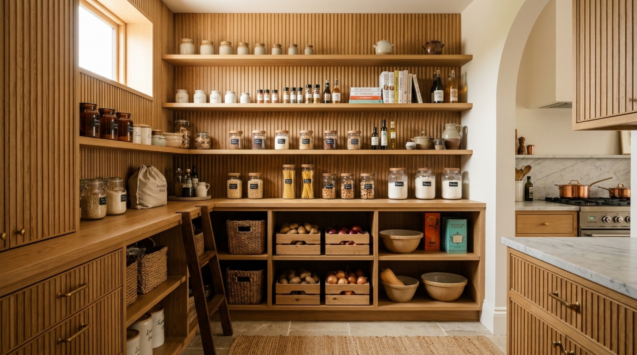 A meticulously organized small pantry featuring vertical fluted white oak shelving and a graduated shelf depth to maximize cubic volume. A meticulously organized small pantry featuring vertical fluted white oak shelving and a graduated shelf depth to maximize cubic volume.