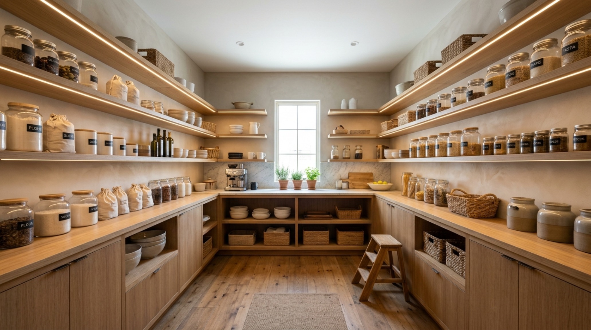 Architectural U-shaped pantry layout with recessed 2700K LED lighting and 36-inch walkway clearance for optimal spatial flow. Architectural U-shaped pantry layout with recessed 2700K LED lighting and 36-inch walkway clearance for optimal spatial flow.