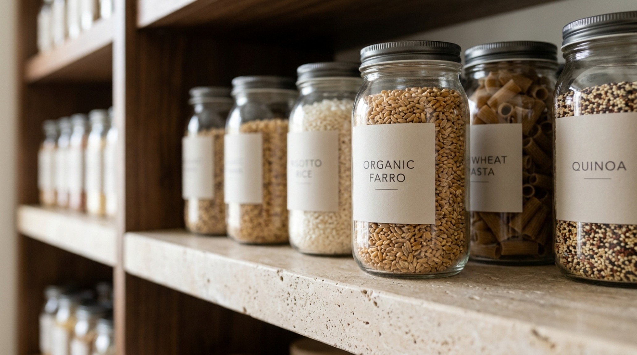 Close-up of bespoke pantry shelving showing clear glass decanted jars on honed travertine ledges for a visual silence aesthetic. Close-up of bespoke pantry shelving showing clear glass decanted jars on honed travertine ledges for a visual silence aesthetic.