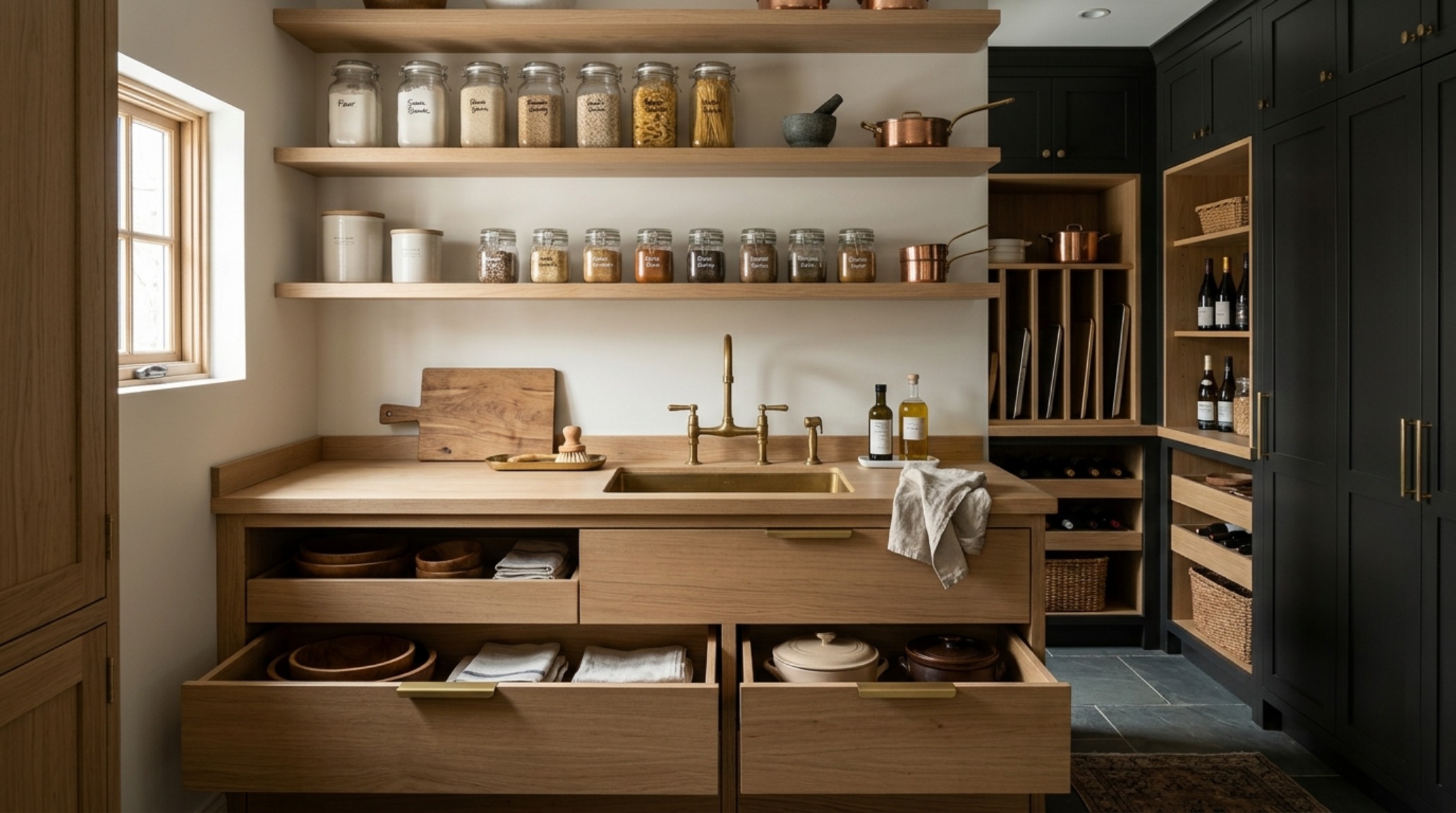 A functional back kitchen scullery design featuring integrated prep counters and deep pantry cabinet pull out solutions in a small space. A functional back kitchen scullery design featuring integrated prep counters and deep pantry cabinet pull out solutions in a small space.