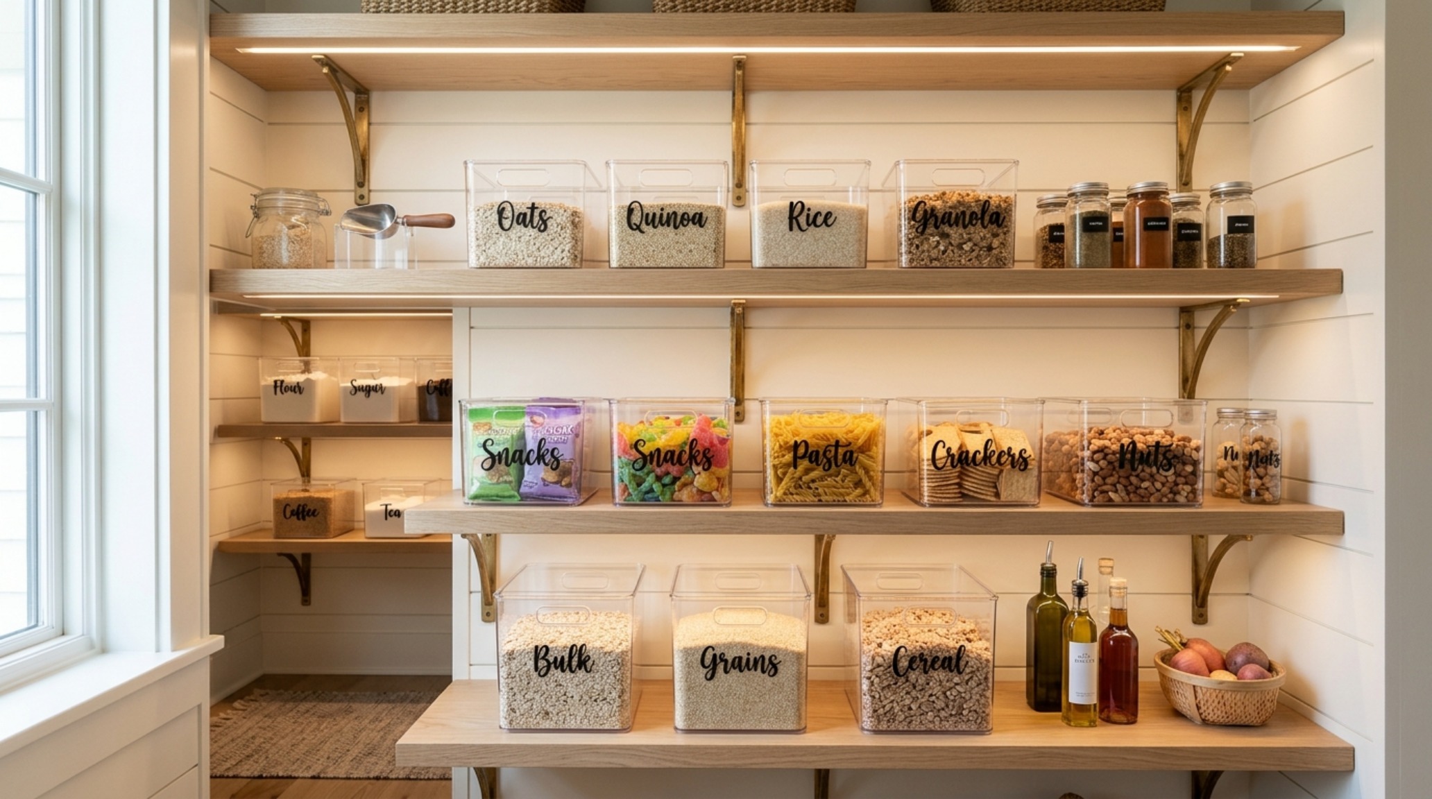 A high-end pantry interior with limewash walls, aged brass hardware, and clear acrylic pantry storage bins for aesthetic organization. A high-end pantry interior with limewash walls, aged brass hardware, and clear acrylic pantry storage bins for aesthetic organization.