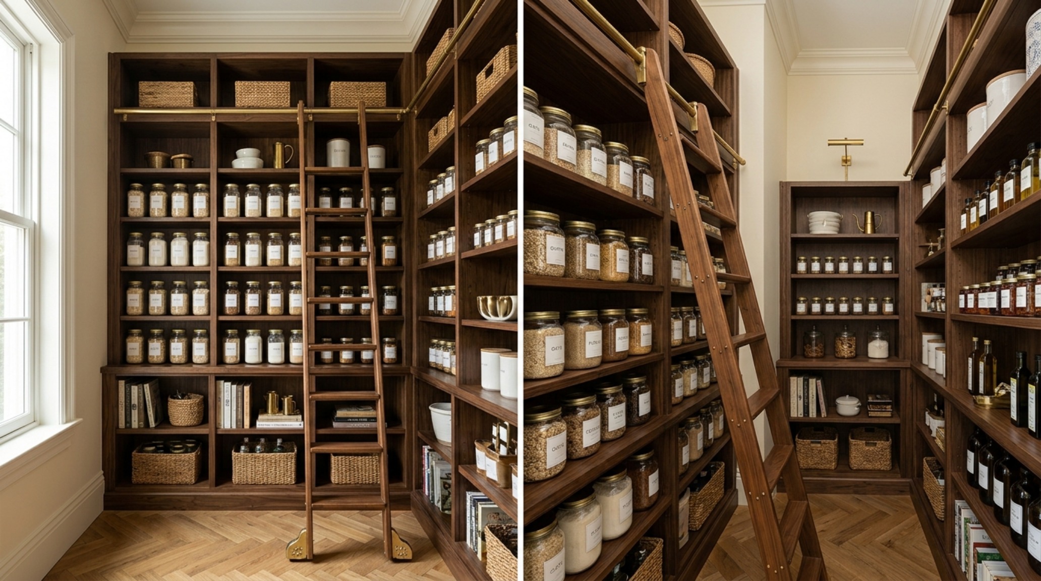 Wide-angle view of a luxury pantry with a library ladder, showcasing vertical storage and the rule of verticality in high-performance design. Wide-angle view of a luxury pantry with a library ladder, showcasing vertical storage and the rule of verticality in high-performance design.