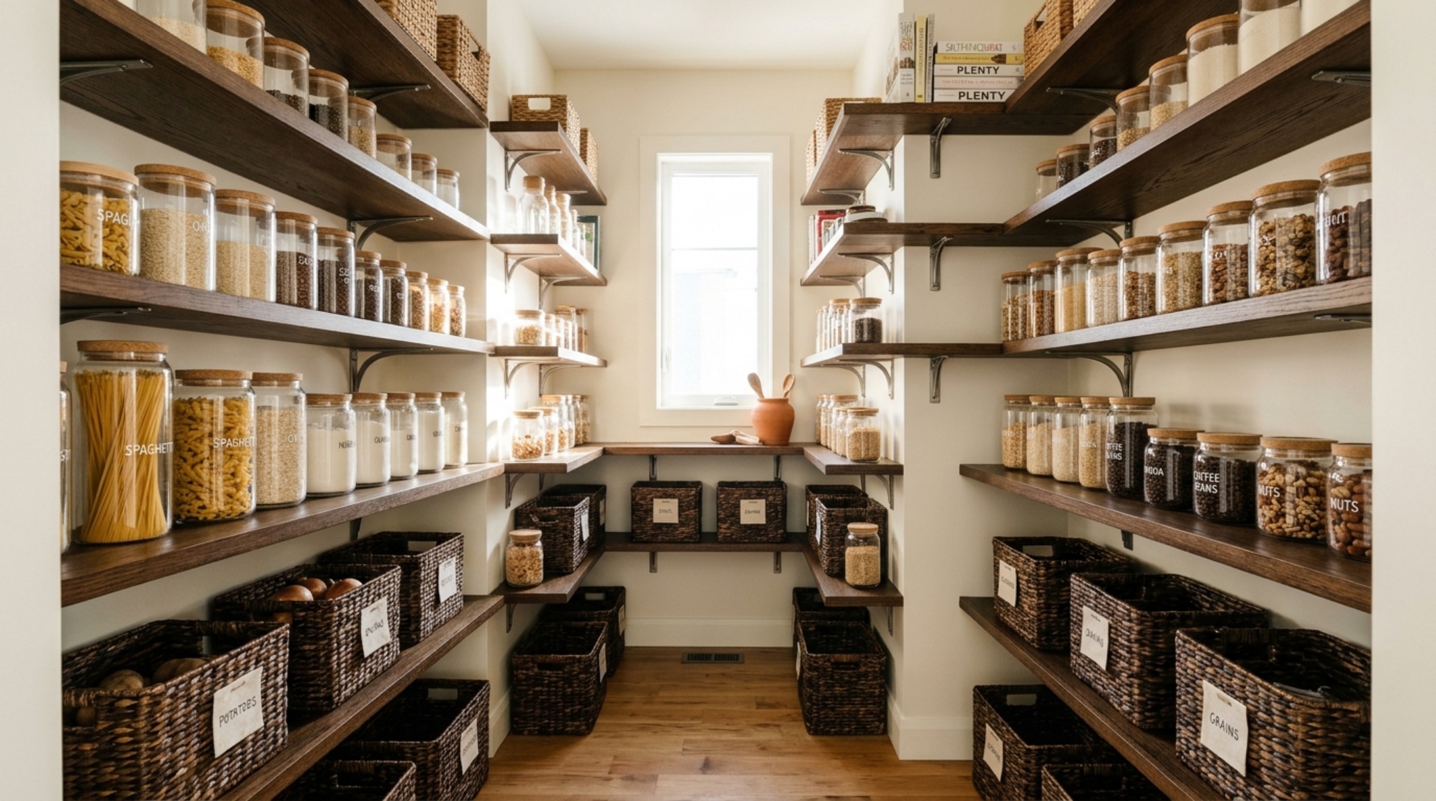 Detail shot of architectural sightlines in a pantry, showing rhythmic arrangement of artisanal ingredients on floating timber ledges. Detail shot of architectural sightlines in a pantry, showing rhythmic arrangement of artisanal ingredients on floating timber ledges.