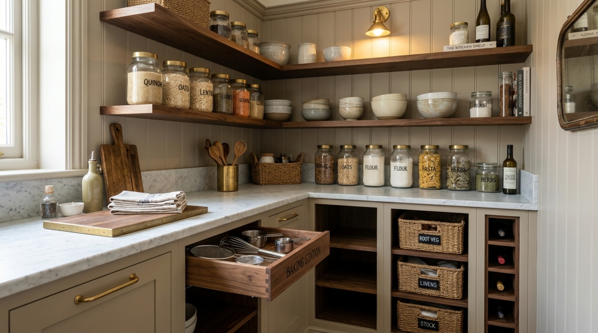 Elegant walk-in pantry organization featuring uniform labels and a sophisticated neutral color palette of Swiss Coffee and Slate Charcoal. Elegant walk-in pantry organization featuring uniform labels and a sophisticated neutral color palette of Swiss Coffee and Slate Charcoal.