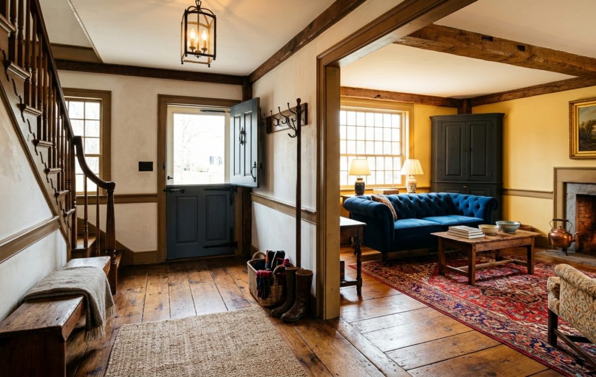 Editorial view of the Grandin farmhouse entryway featuring wide-plank floors and a balanced sightline into the main parlor, showcasing jeffrey bilhuber farmhouse tour decor ideas.