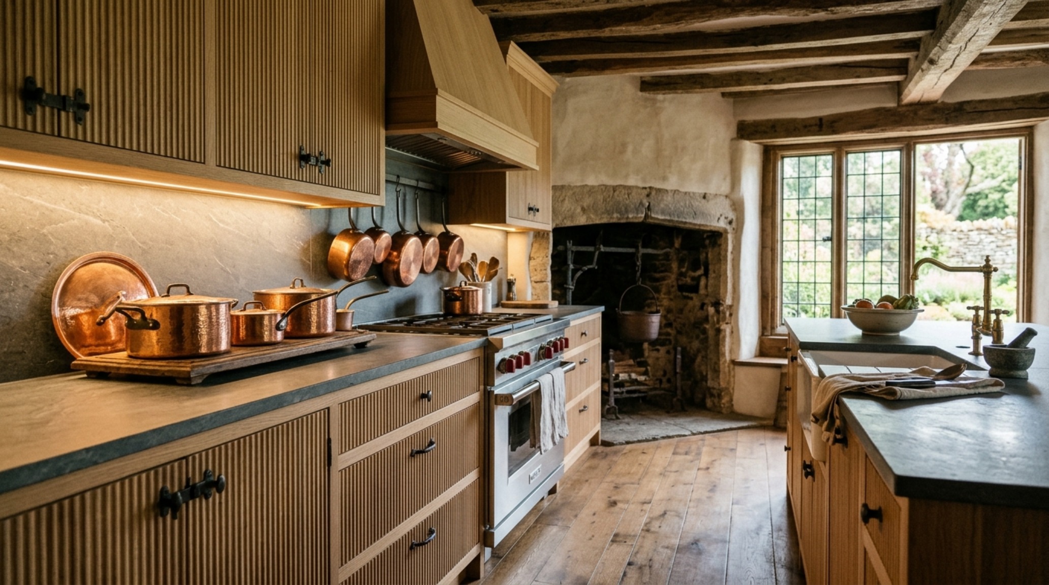 A view of the Grandin kitchen blending museum-quality historicism with modern high-traffic functionality and professional-grade appliances.