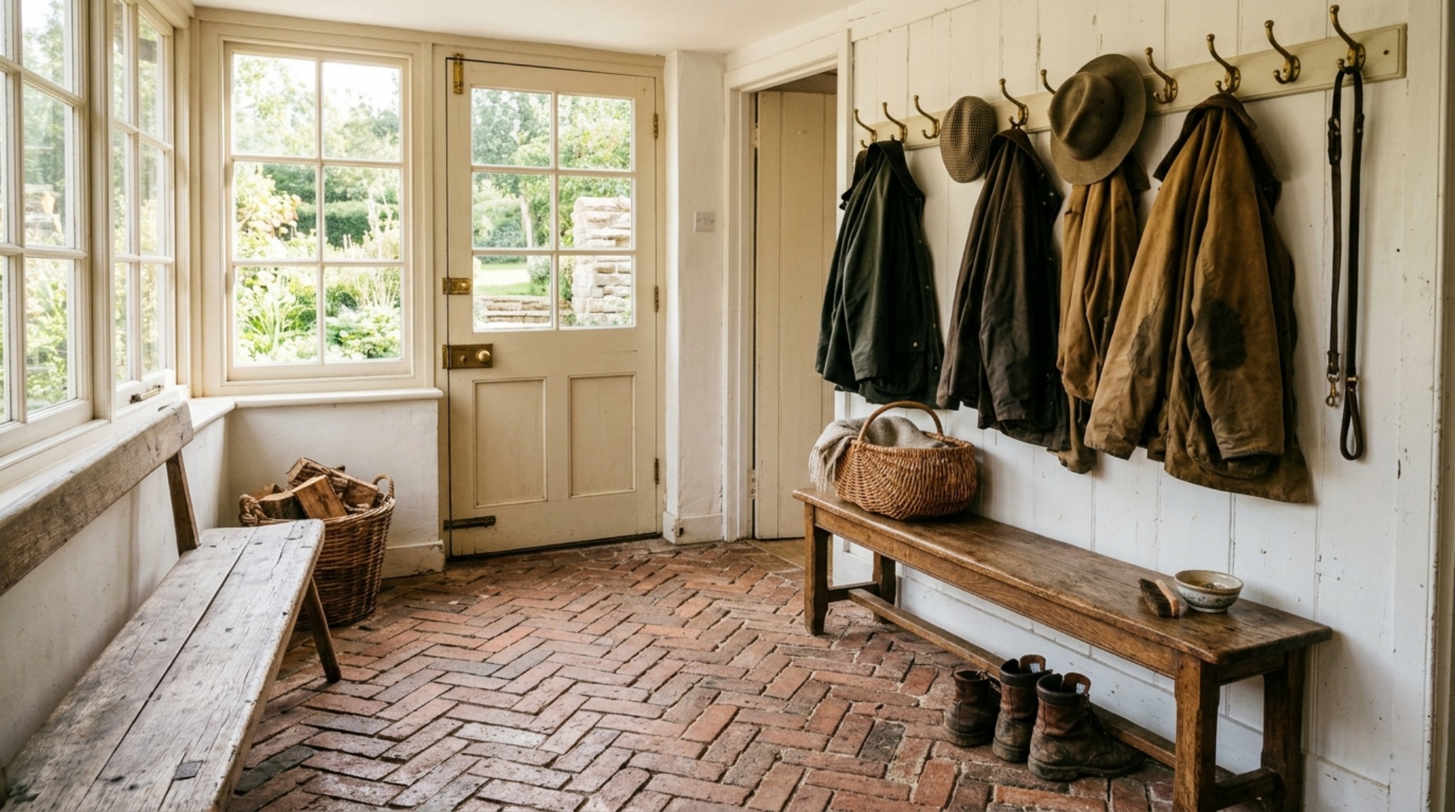 An exterior-to-interior transition shot of the Grandin farmhouse, capturing the natural directional sunlight on limewash walls and original stone.