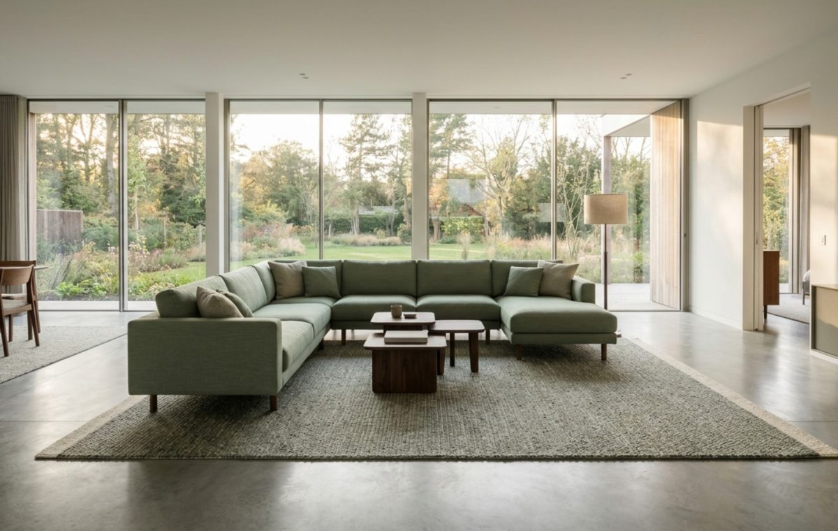 A floating sage green sectional sofa in a large open-plan living room with floor-to-ceiling windows and 36-inch circulation paths.